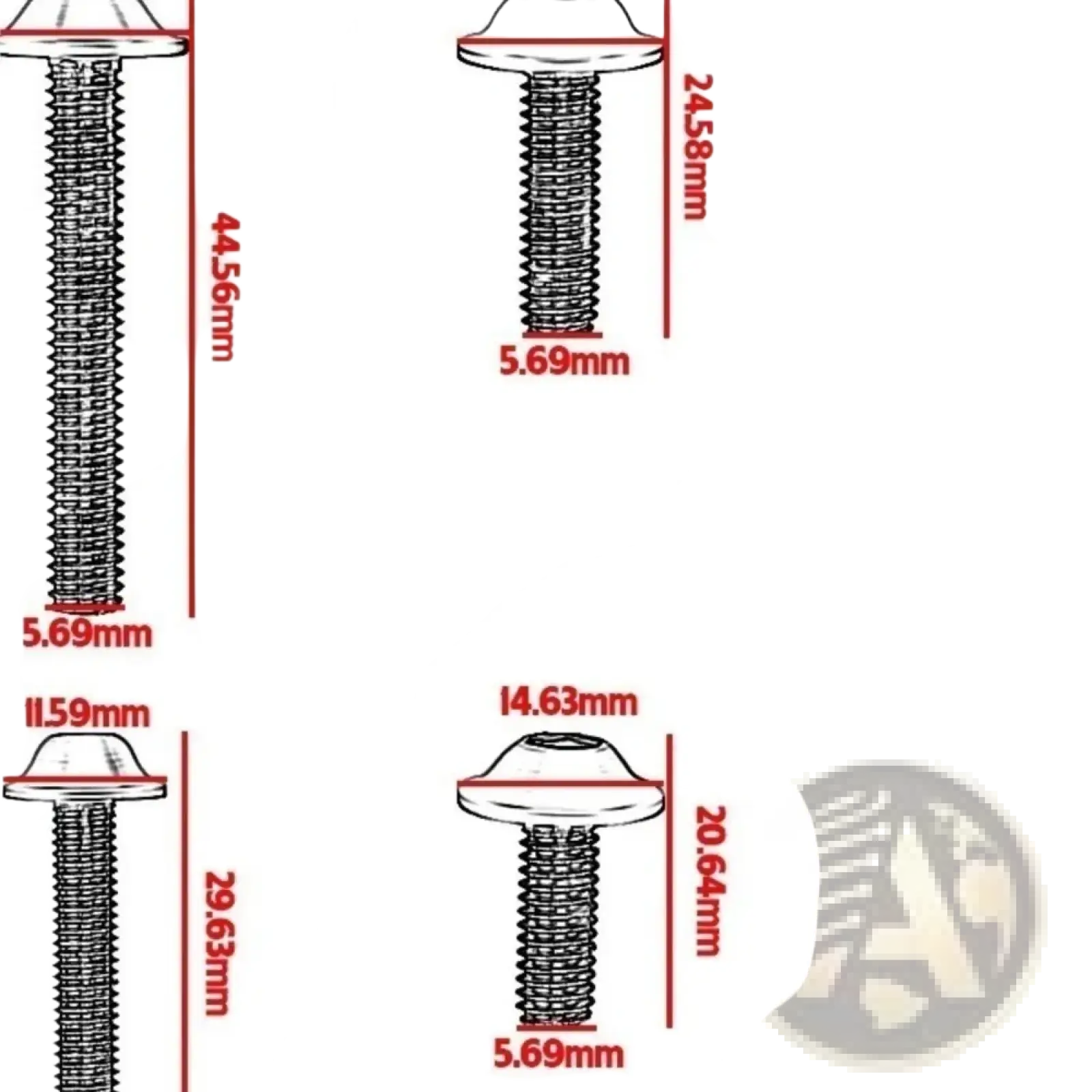 A set of five metallic silver Honda Transalp fairing bolts with rounded heads and labeled precise threaded shafts in millimeters