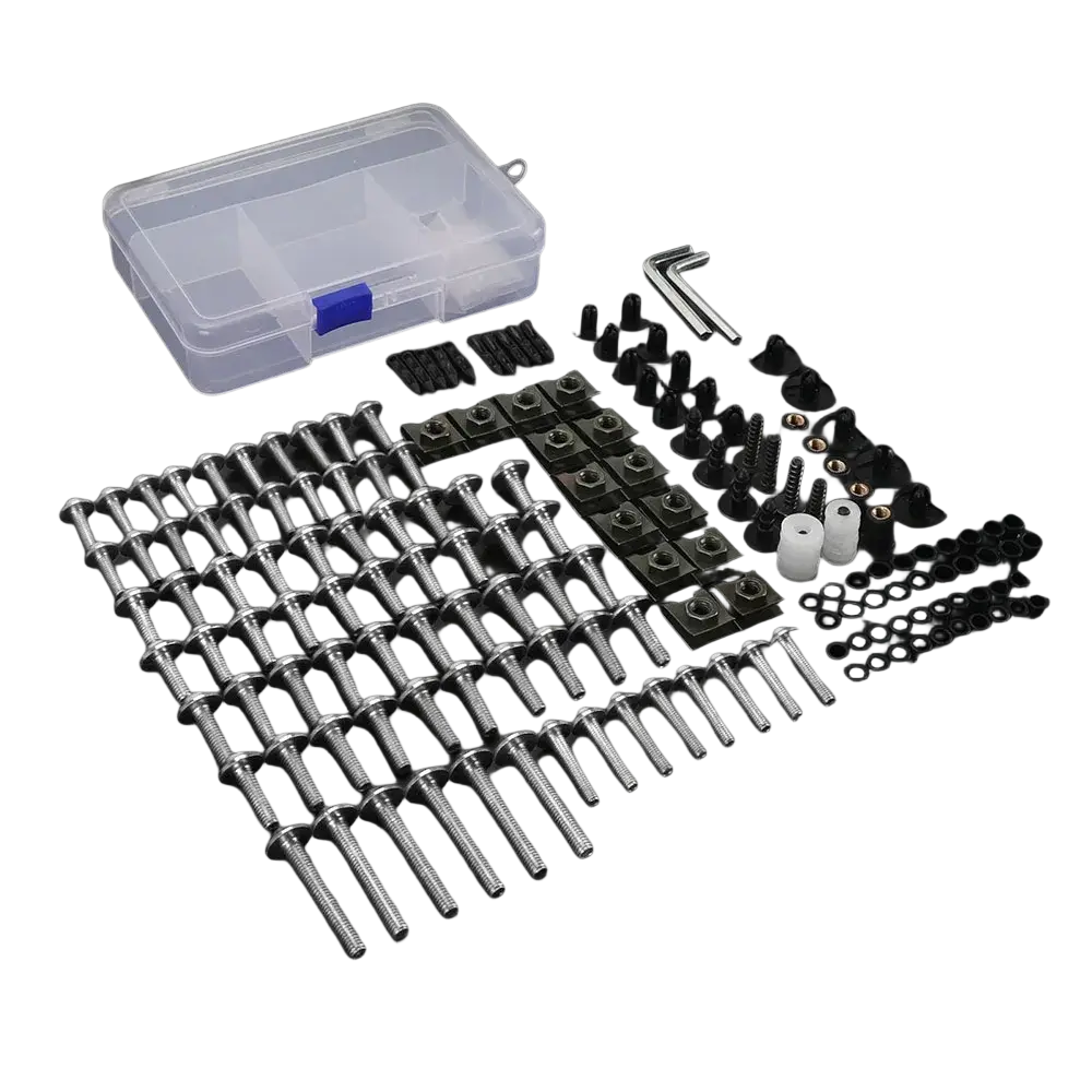 Silver stainless steel screws and black plastic fasteners kit organized in clear box for honda transalp fairing bolts