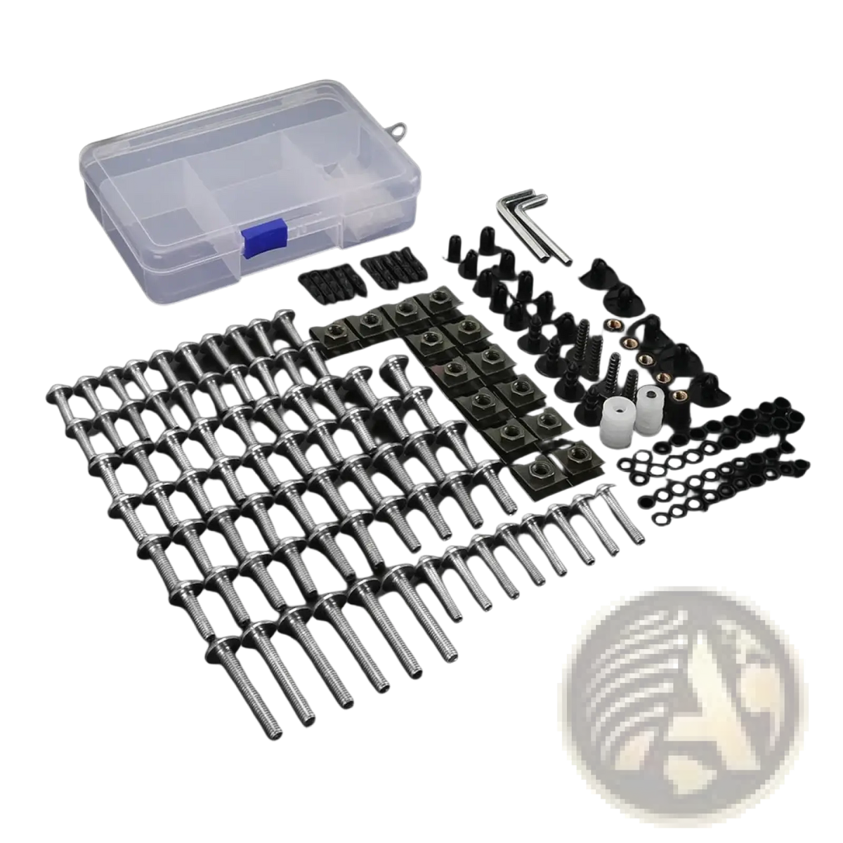 Silver stainless steel screws and black plastic fasteners kit organized in clear box for honda transalp fairing bolts