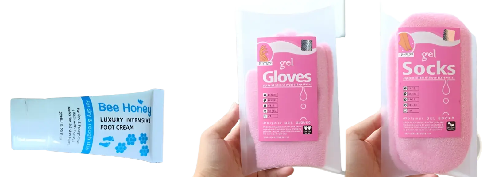 Pink gel gloves and socks in clear packaging with pink labels for honey foot cream and gel sock moisturizing set