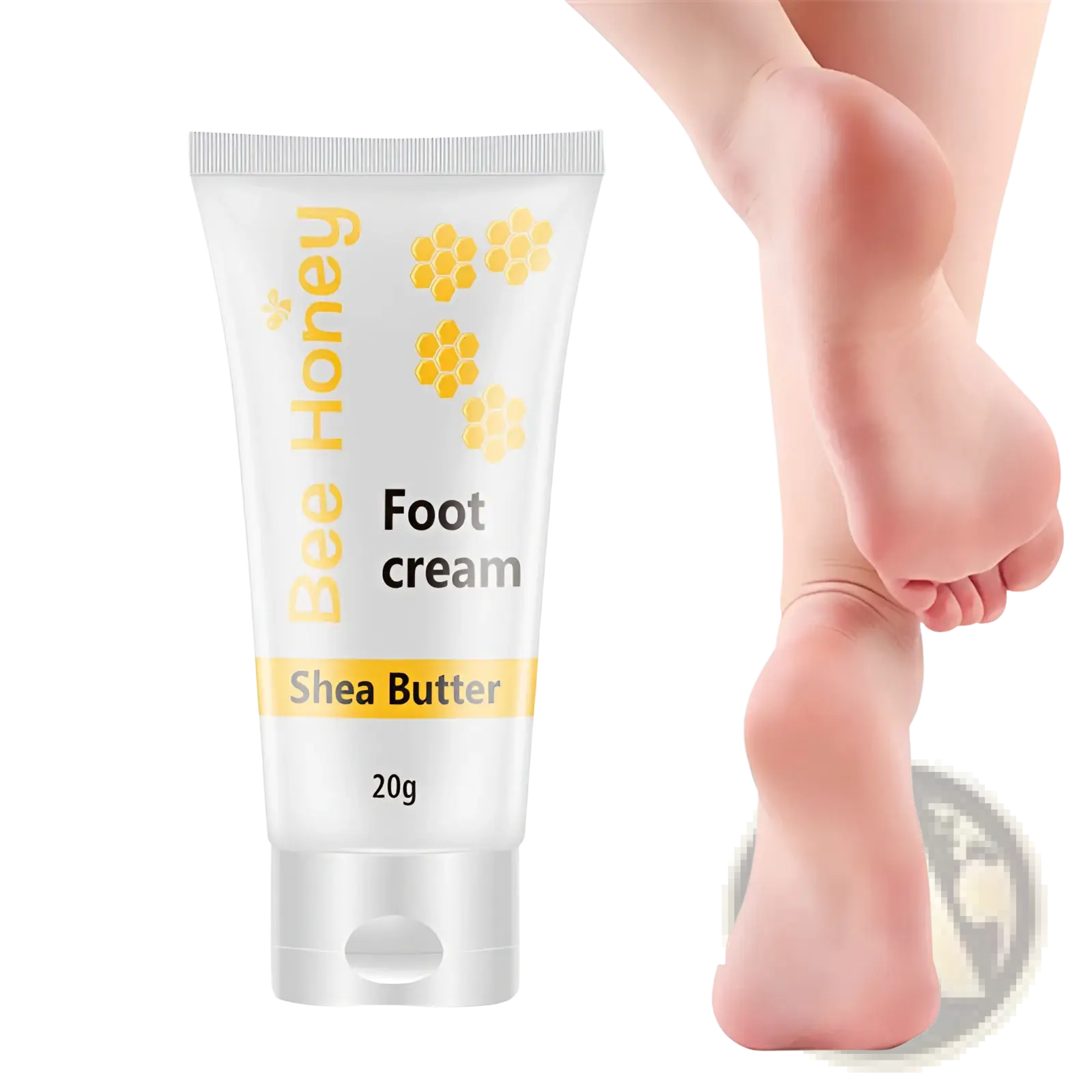 A white tube of honey foot cream with yellow floral designs shea butter and a silver cap in a moisturizing set