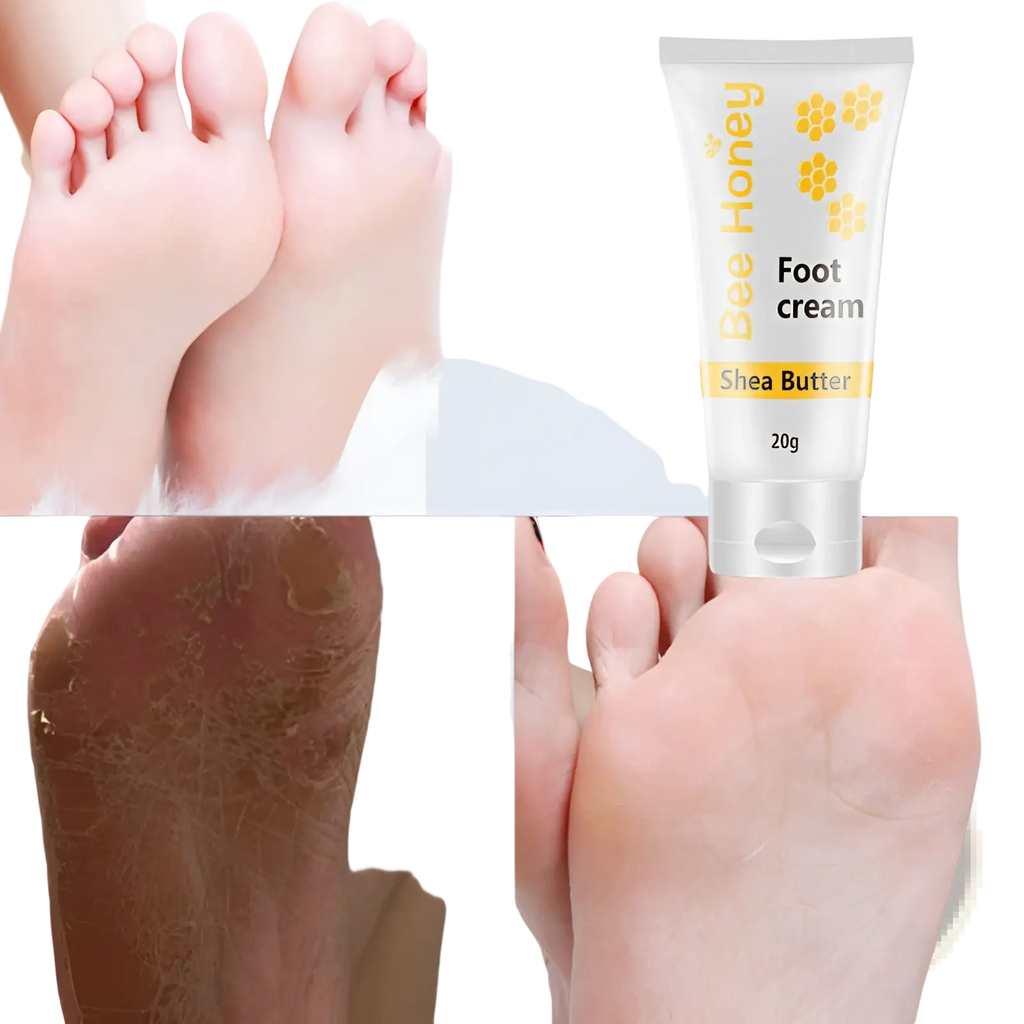 White tube of honey foot cream with yellow floral design and shea butter label in 20g moisturizing set