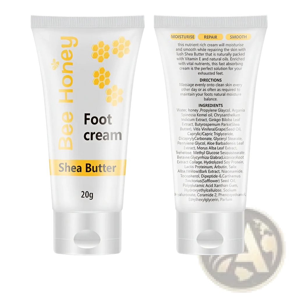 White tube of honey foot cream with shea butter label and bee honeycomb design for moisturizing care 20g