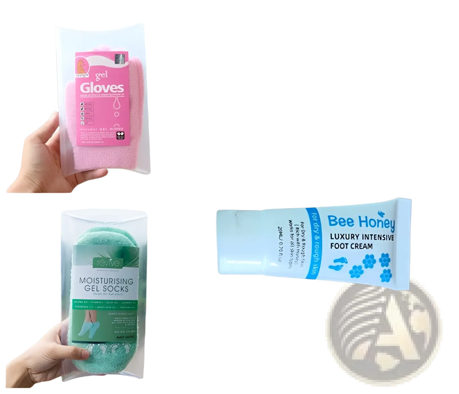 Pink gel moisturizing gloves in clear packaging with a pink label from honey foot cream and gel sock set