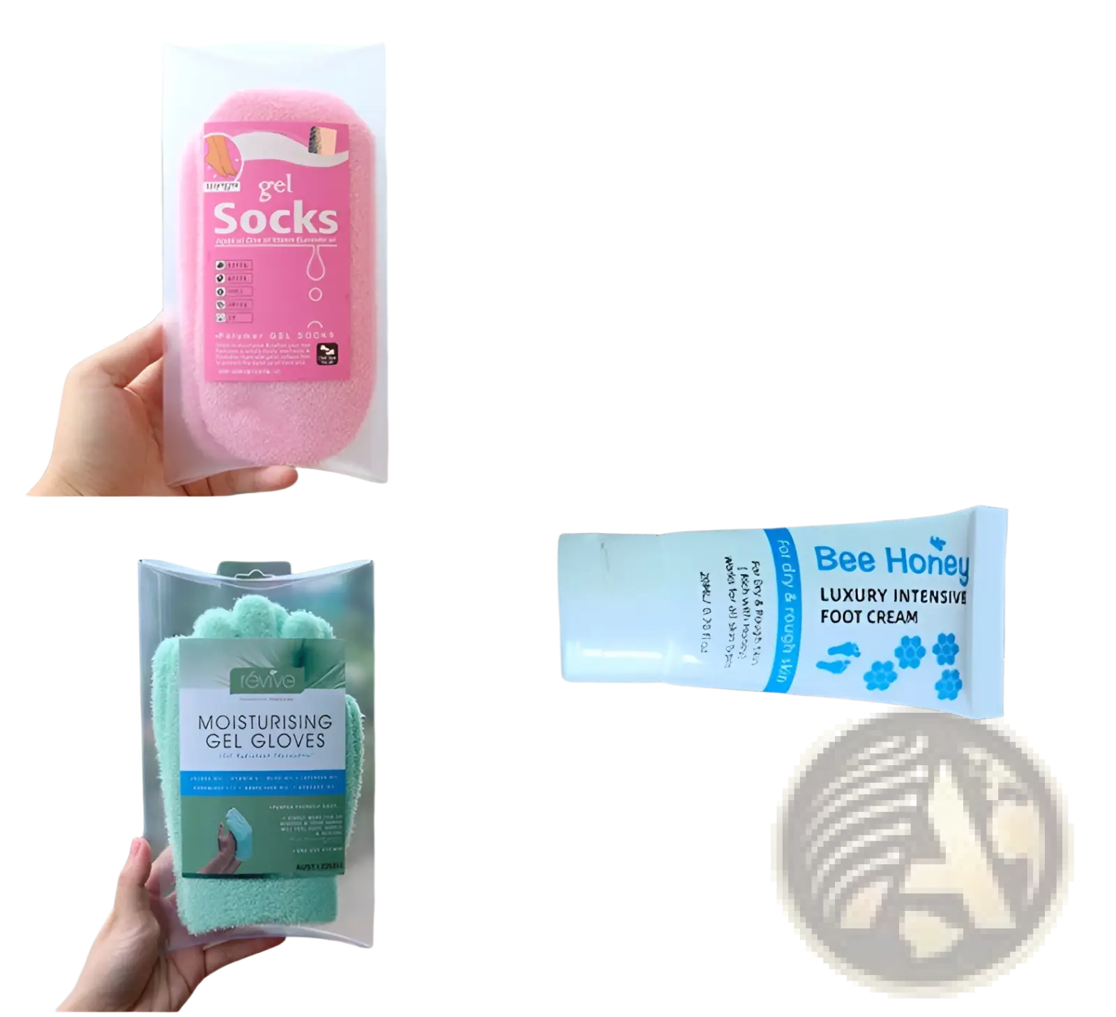 Pink gel socks in clear packaging included in honey foot cream and gel sock moisturizing set for hydration and softness