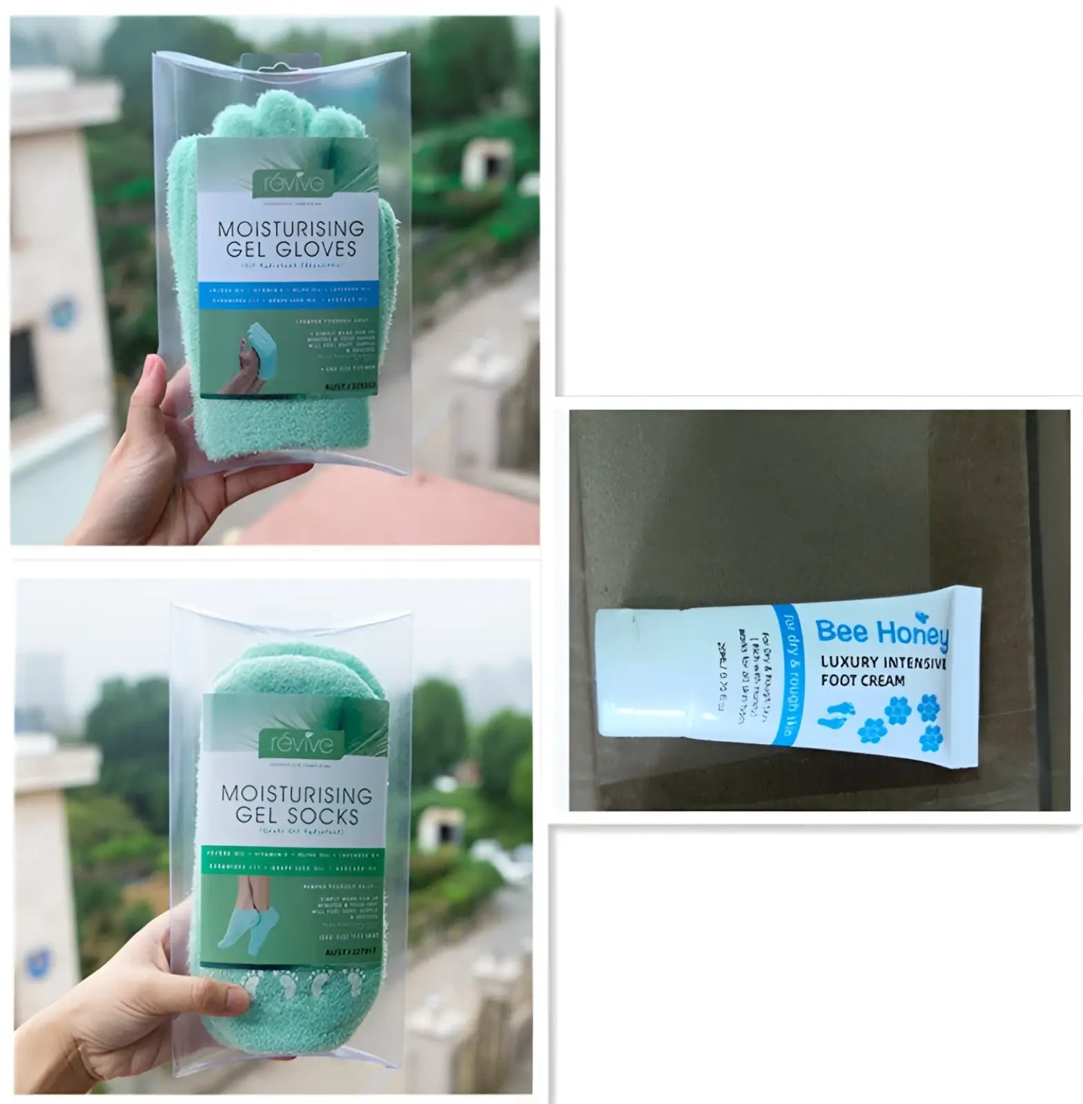 Honey foot cream and gel sock moisturizing set with mint green plush gel gloves and socks in clear packaging by Revive