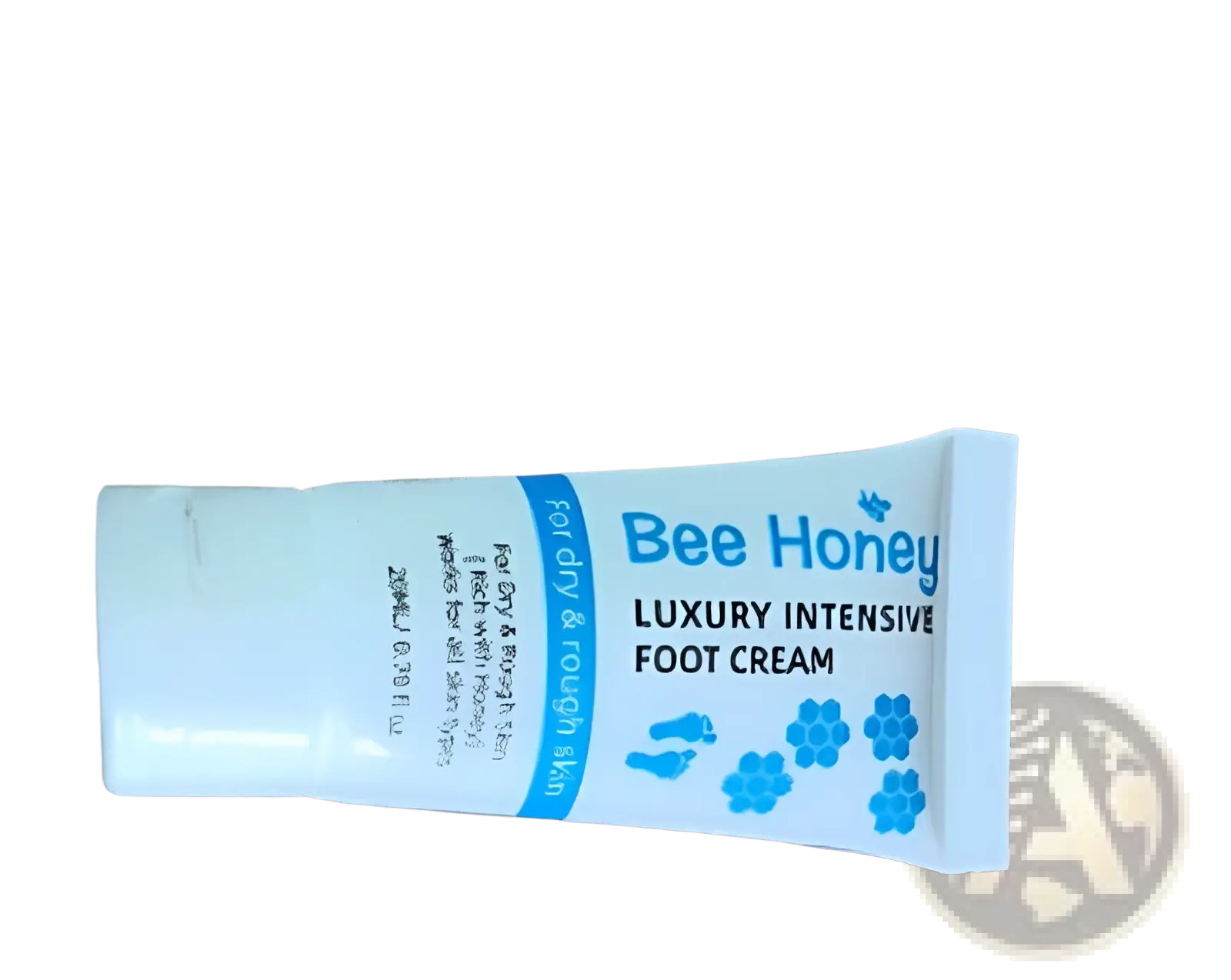 White tube of bee honey luxury intensive foot cream with blue floral design in honey foot cream and gel sock set