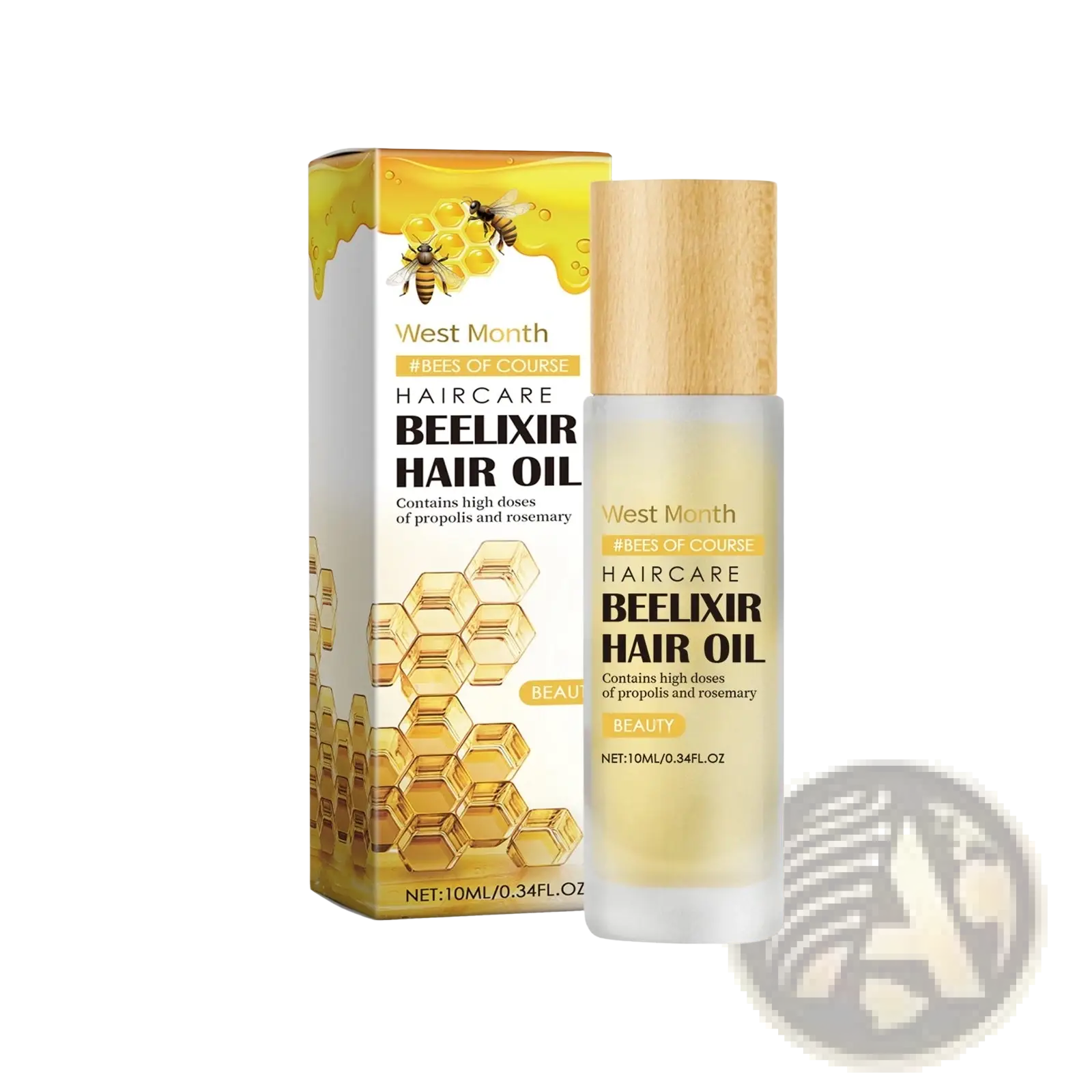 Honey rosemary hair oil beelixir in a clear glass bottle with wooden cap and honey-themed packaging 30ml
