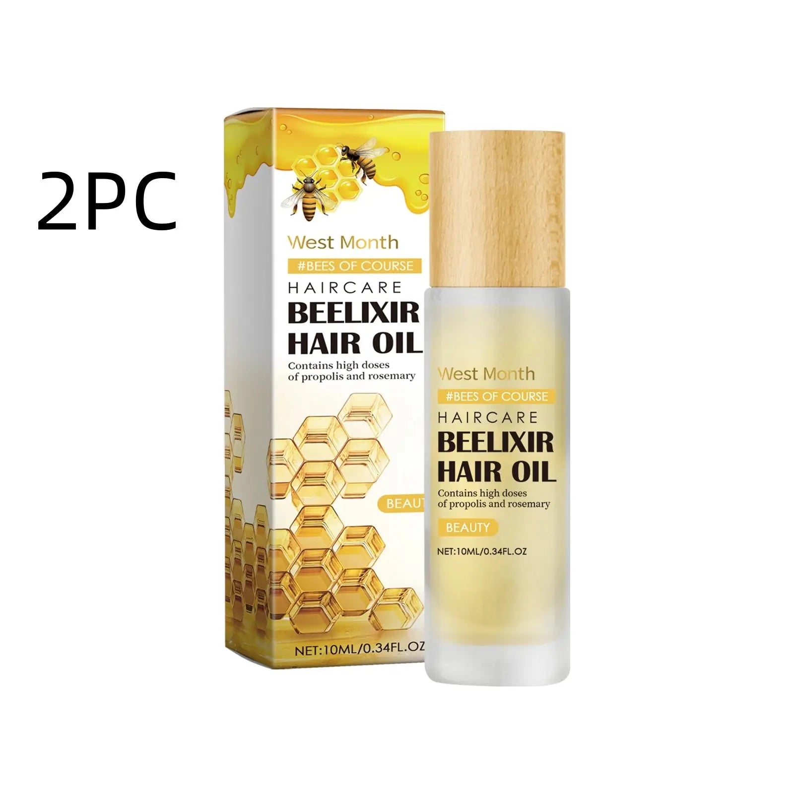 West month beelixir honey rosemary hair oil in a clear glass bottle with wooden cap beside honey-themed box 30ml