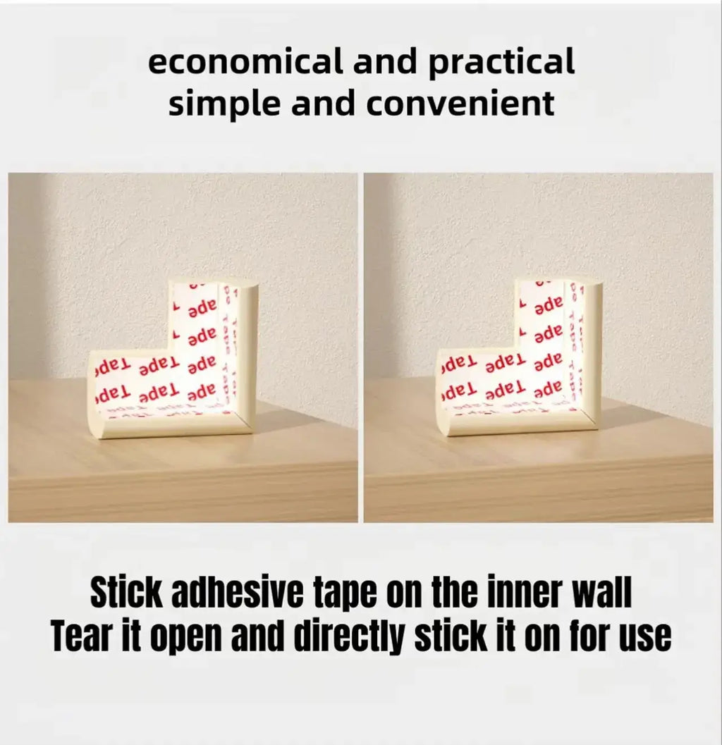 White adhesive tape with red tape text rolled in an l-shape for honeycomb baby corner guard safety foam protector