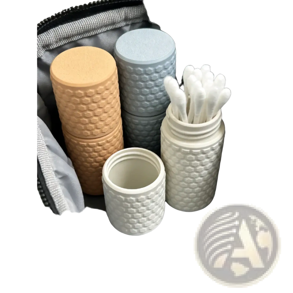 Beige and gray textured honeycomb cotton swab holder storage box designed for travel or bathroom use