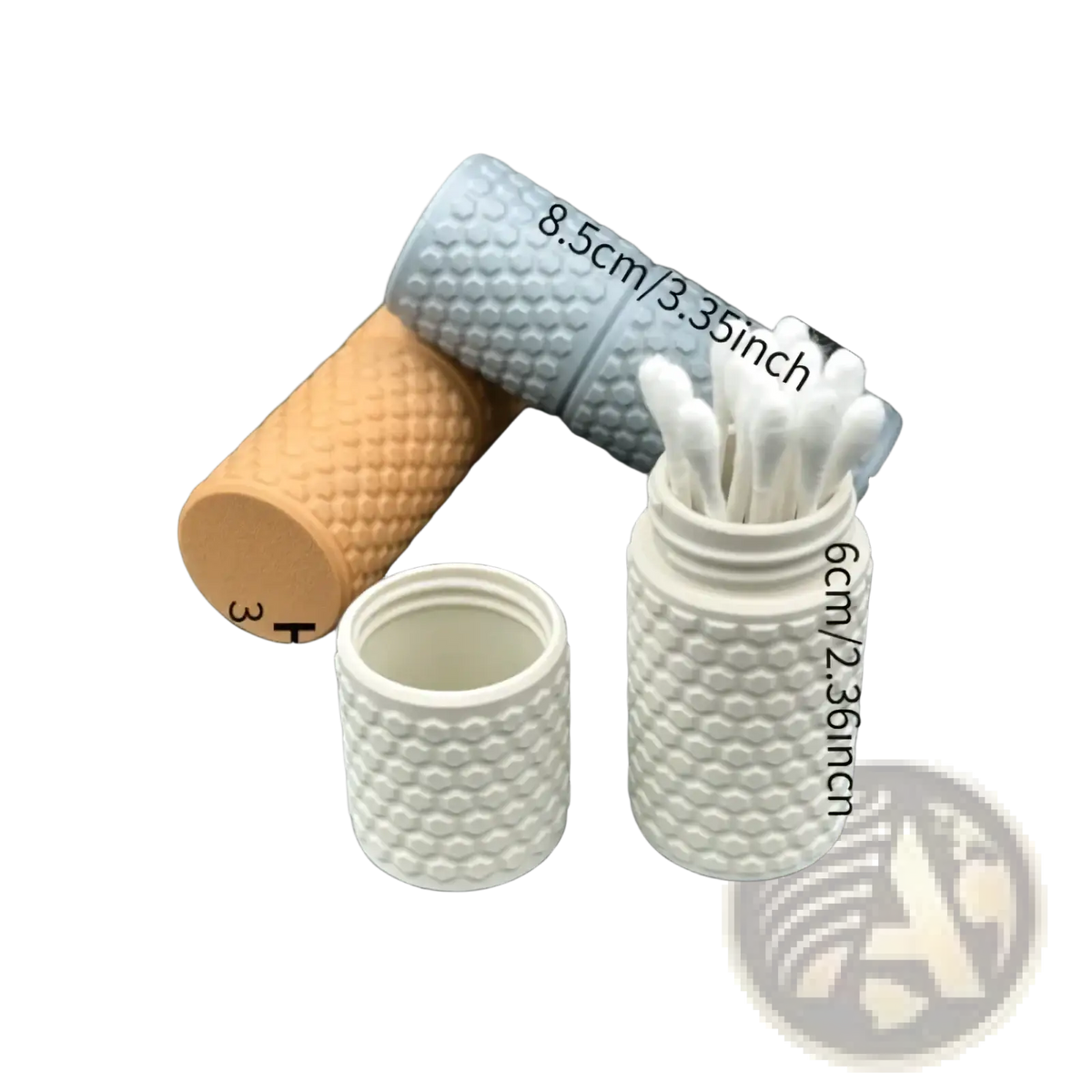 White ceramic honeycomb cotton swab holder with open top filled with swabs and matching lid beside it