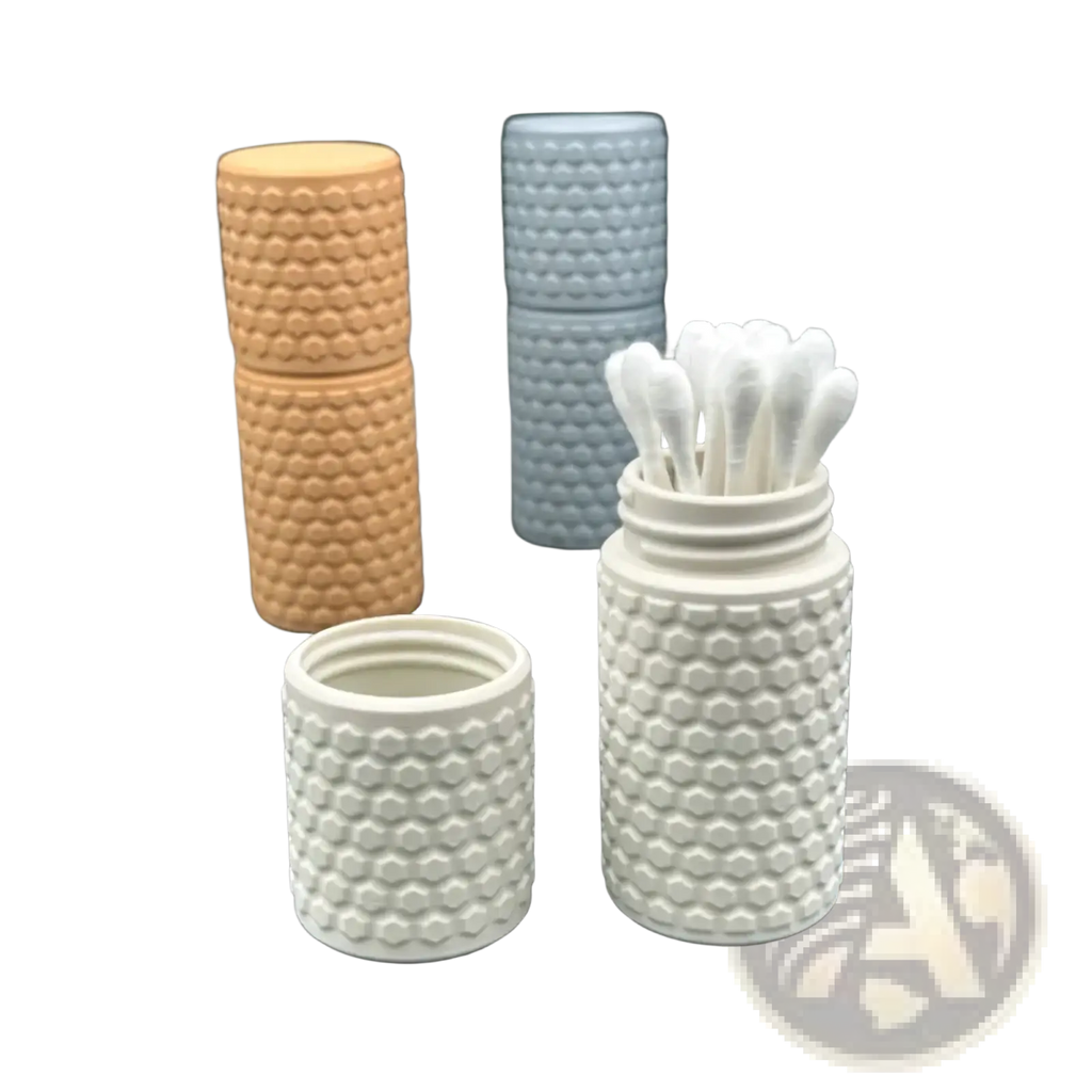 White honeycomb-patterned cylindrical cotton swab holder storage box for organized bathroom storage