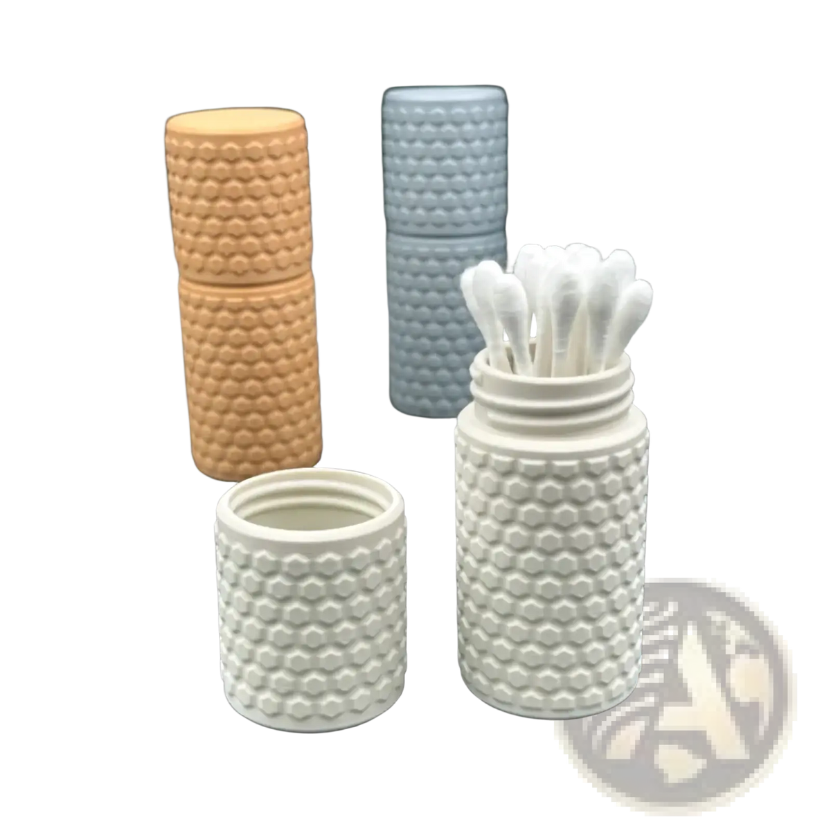 White honeycomb-patterned cylindrical cotton swab holder storage box for organized bathroom storage