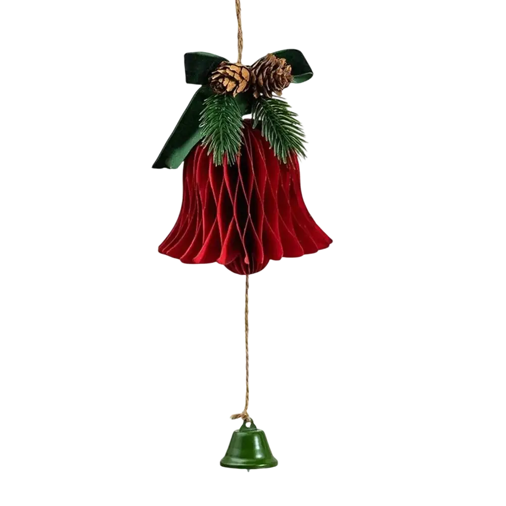 Red velvet honeycomb ornaments christmas hanging paper bell decoration with green ribbon pinecones and faux evergreen sprigs