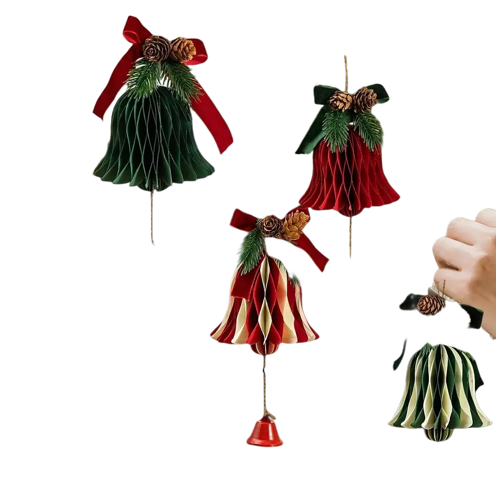 Honeycomb ornaments christmas hanging paper bell decorations in green red yellow and striped colors with bows