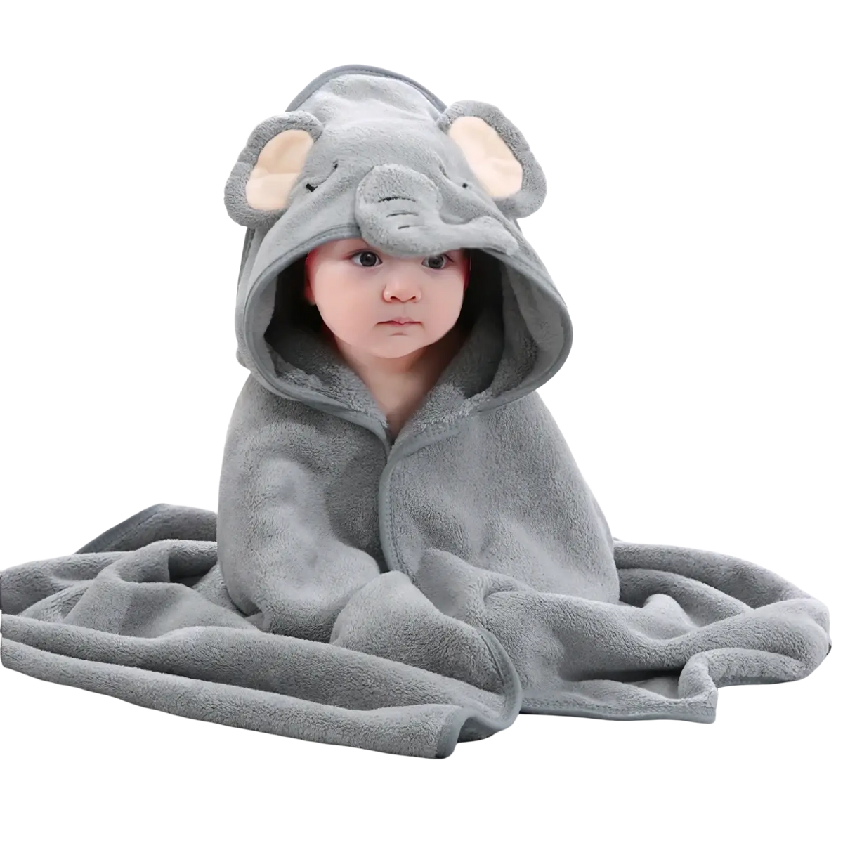 Gray plush hooded animal baby bath towel with soft fuzzy texture and light beige inner ear accents