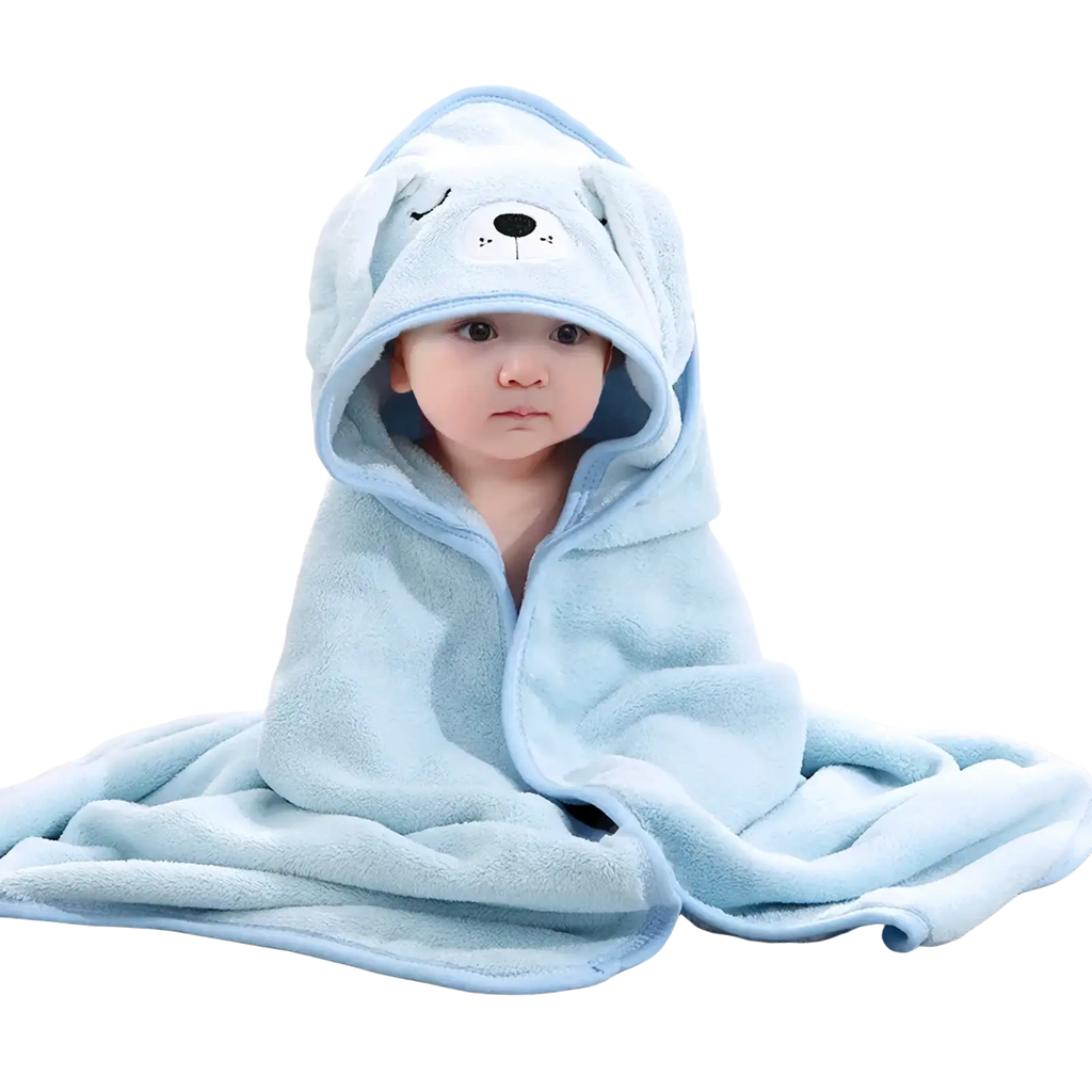 Light blue plush hooded animal baby bath towel with a cute cartoon dog face on the hood for infants