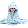 Light blue plush hooded animal baby bath towel with a cute cartoon dog face on the hood for infants