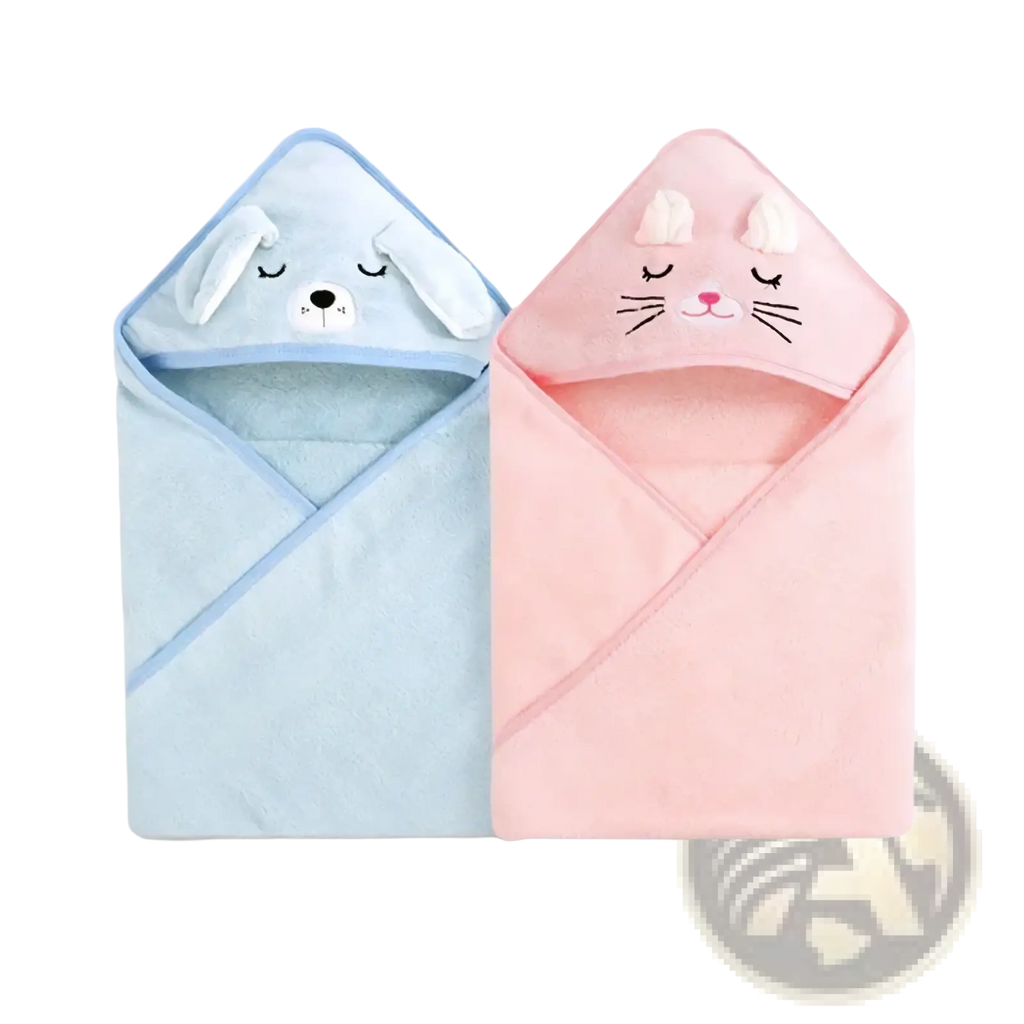 Soft blue and pink hooded animal baby bath towels with embroidered faces made of plush cotton for gentle drying