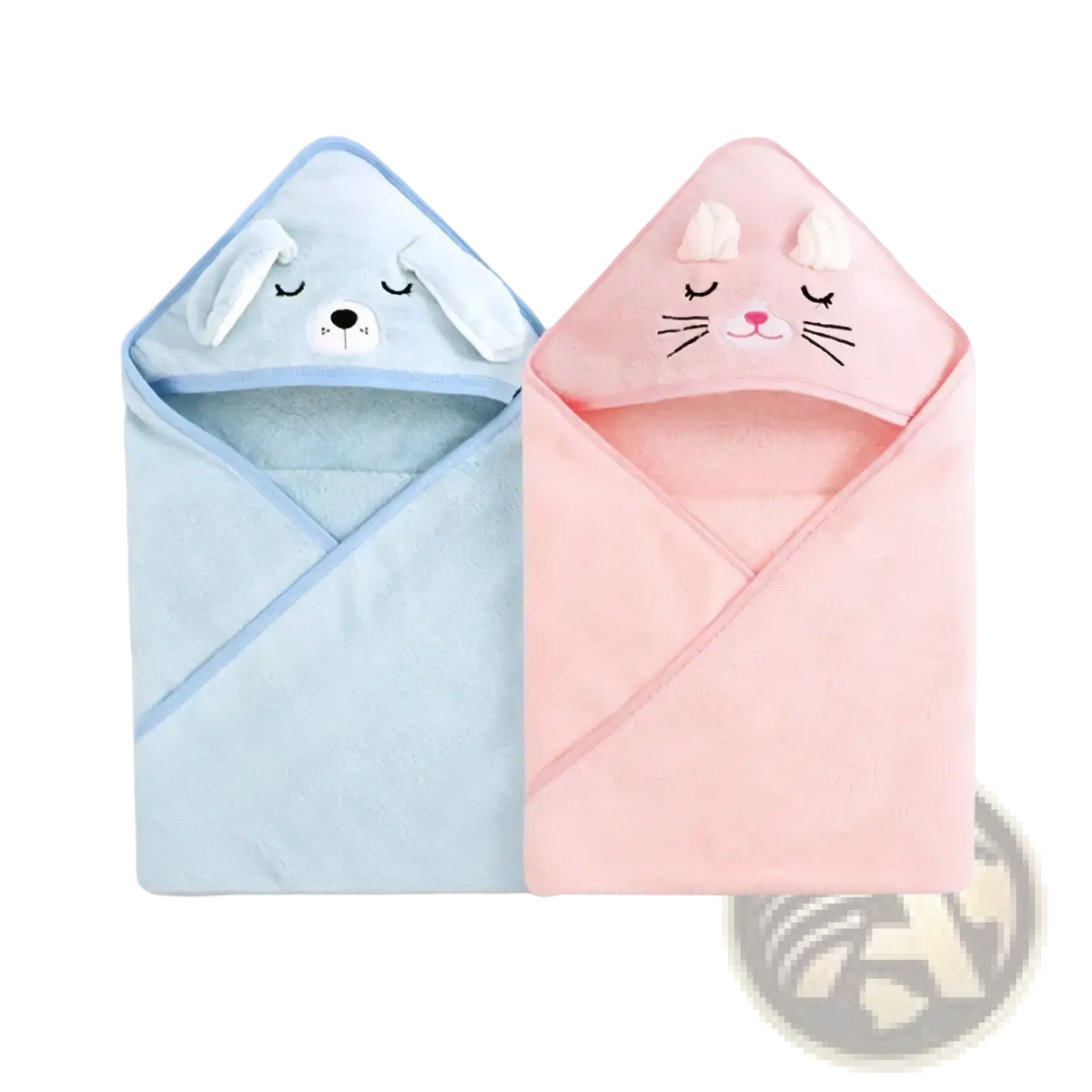 Soft blue and pink hooded animal baby bath towels with embroidered faces made of plush cotton for gentle drying