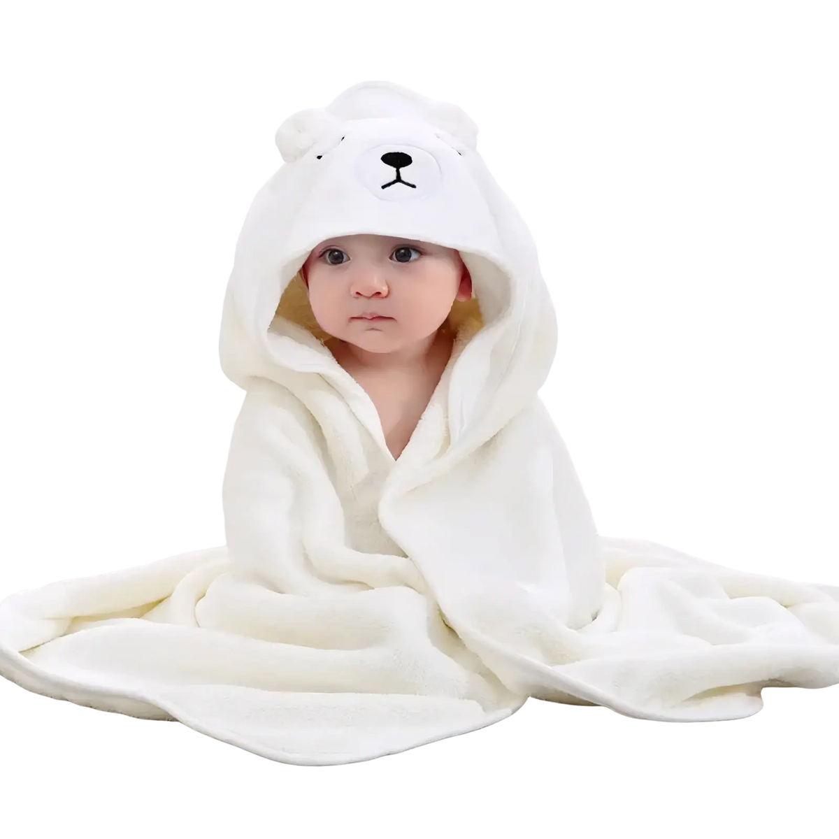 Soft white polar bear-themed hooded baby bath towel with plush texture and embroidered facial features