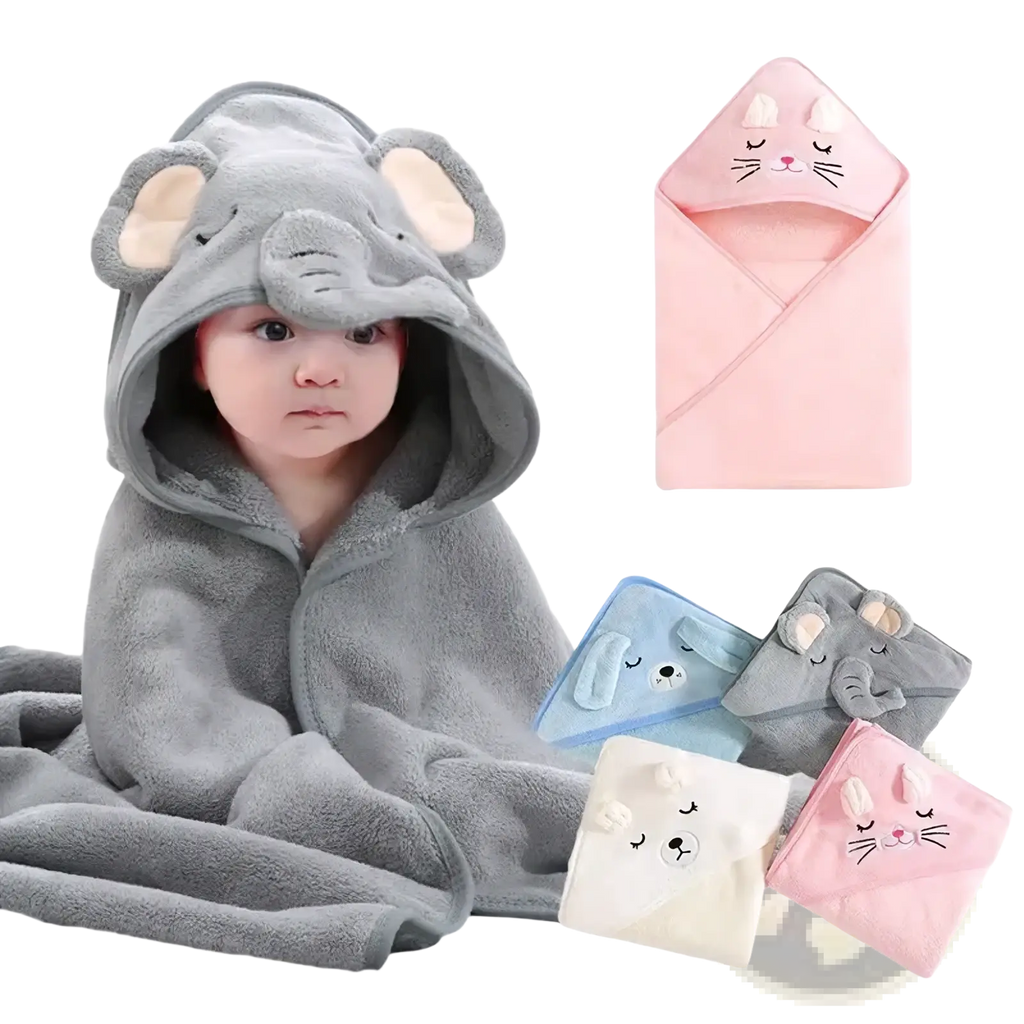 Gray plush elephant-themed hooded baby bath towel made of soft cotton with embroidered facial features for swaddling
