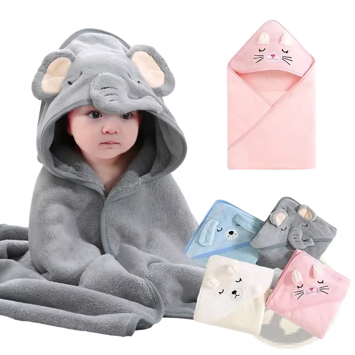 Gray plush elephant-themed hooded baby bath towel made of soft cotton with embroidered facial features for swaddling