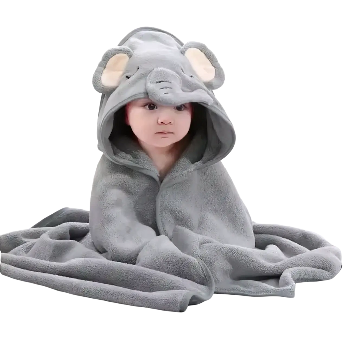 Gray plush elephant-themed hooded baby bath towel made of soft cotton with embroidered ears and trunk details
