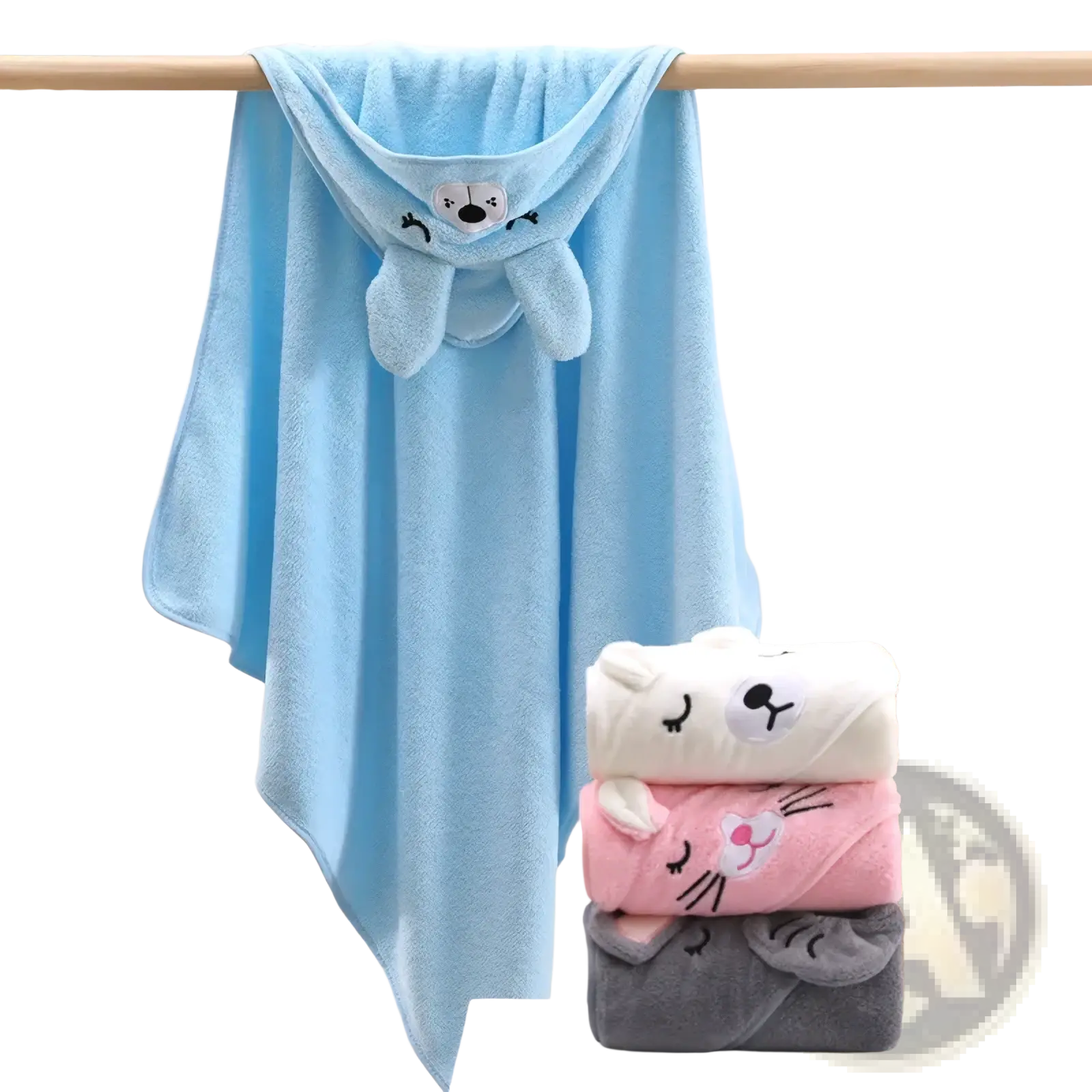 Light blue plush hooded baby bath towel with a cute bunny face design made of soft cotton hanging on a wooden rod