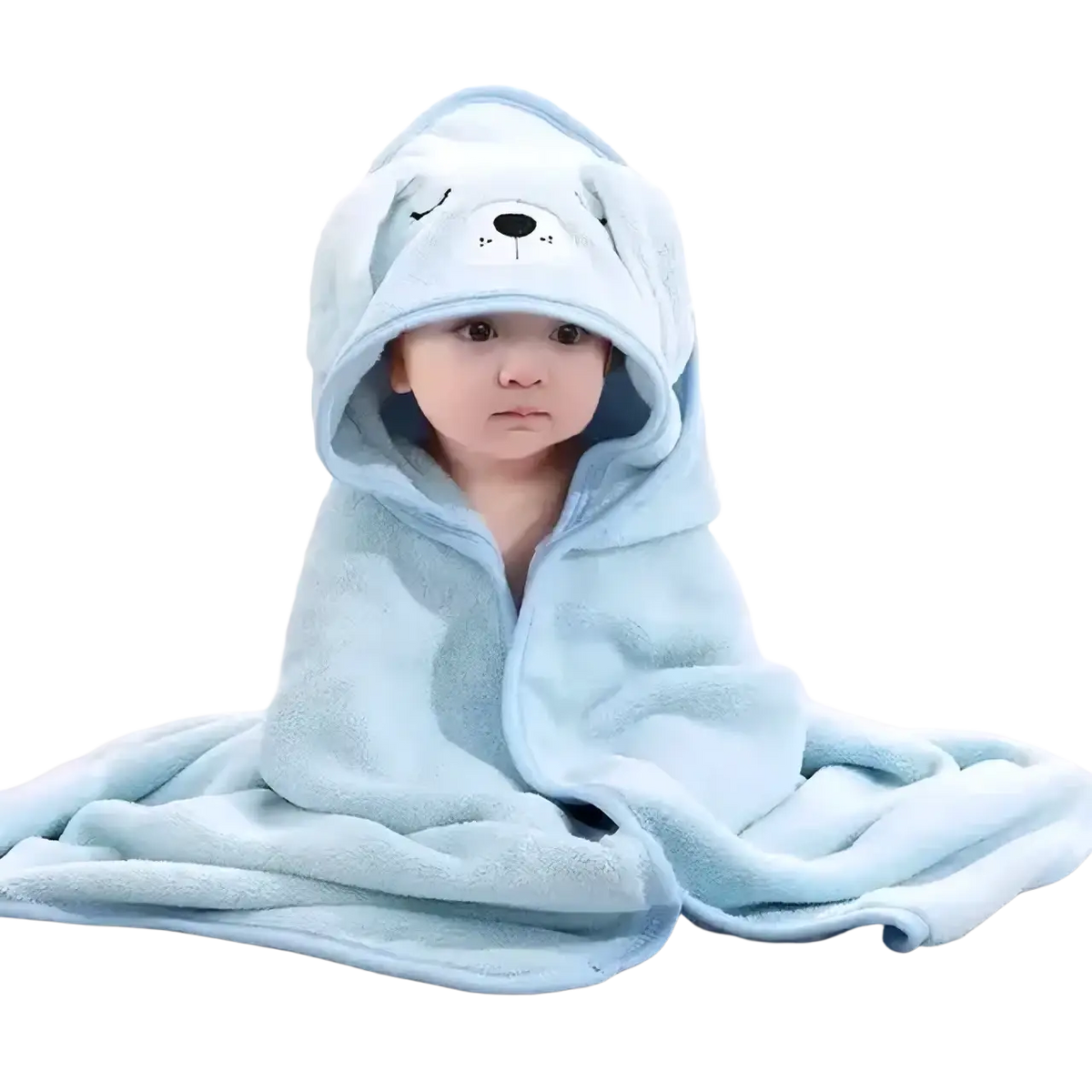 Light blue plush hooded baby bath towel with a cute bear face design made of soft cotton for swaddling