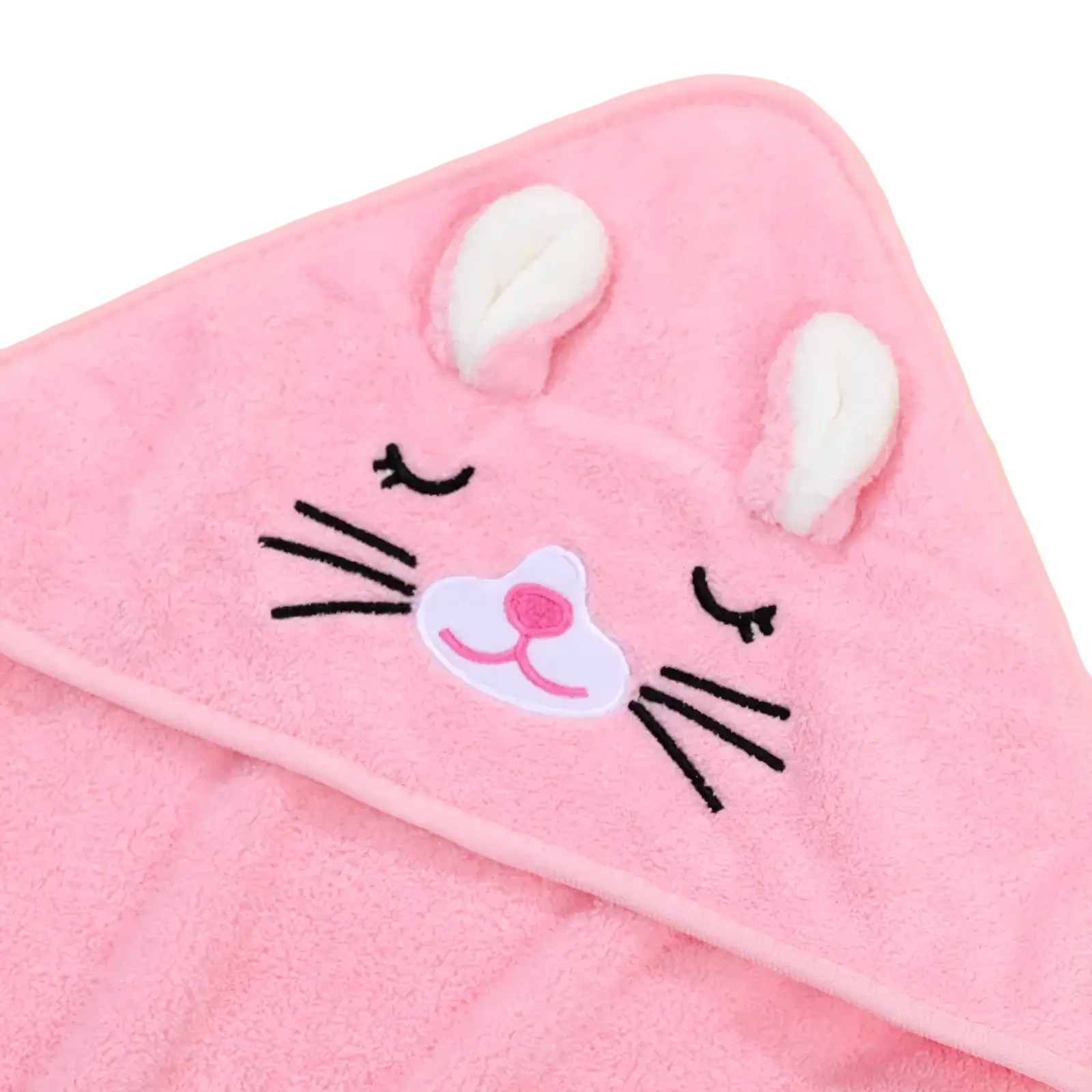 Pink plush hooded baby bath towel with embroidered white bunny ears black whiskers and pink nose made of soft cotton