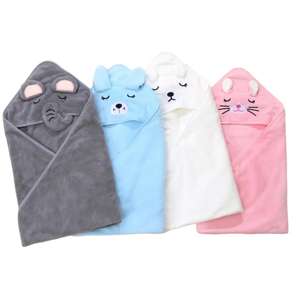 Soft cotton hooded baby bath towels in gray blue white and pink with embroidered animal faces for swaddling