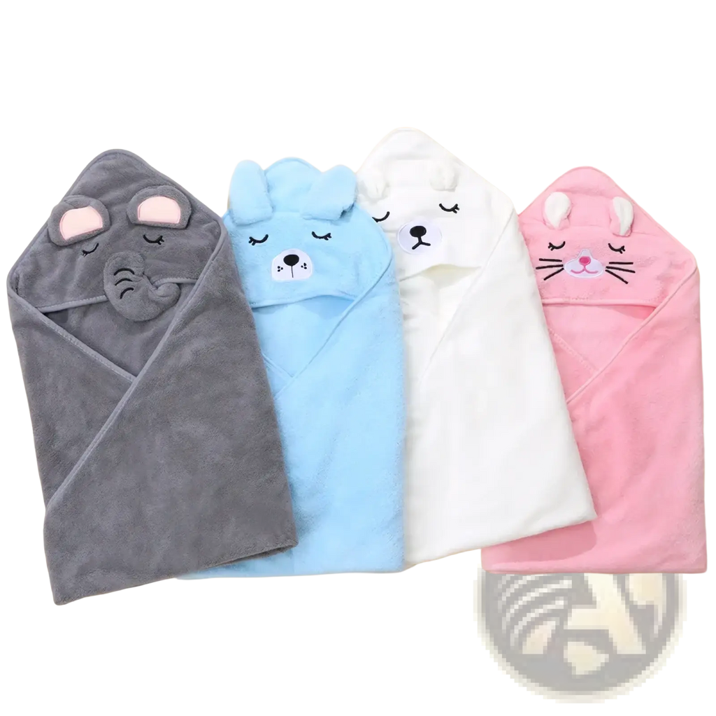 Soft cotton hooded baby bath towels in gray blue white and pink with embroidered animal faces for swaddling