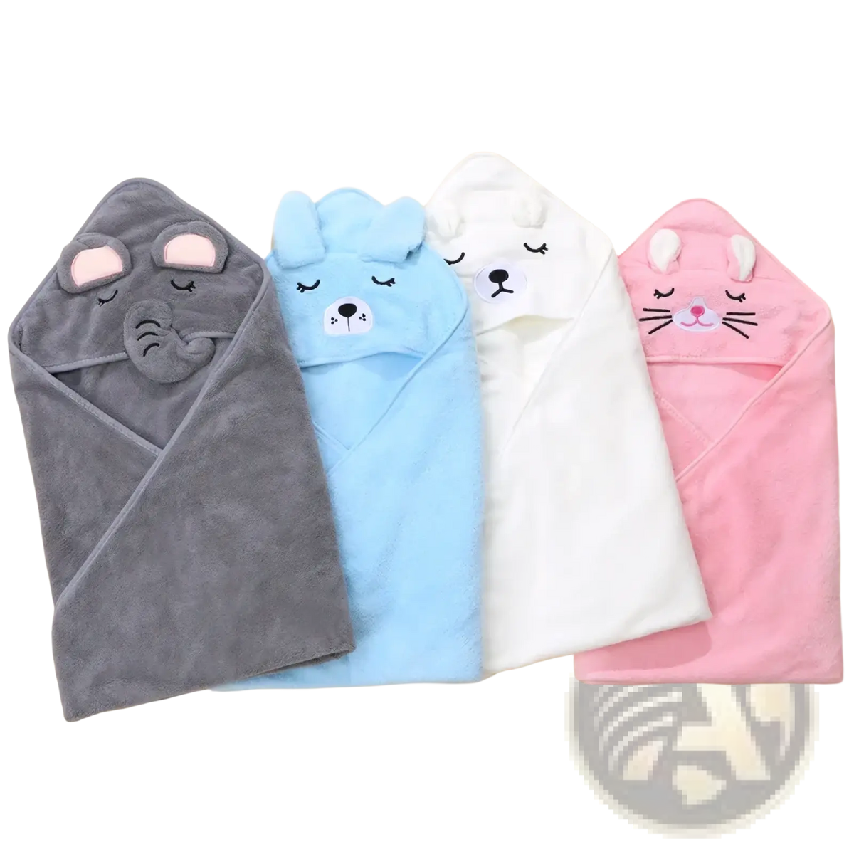 Soft cotton hooded baby bath towels in gray blue white and pink with embroidered animal faces for swaddling