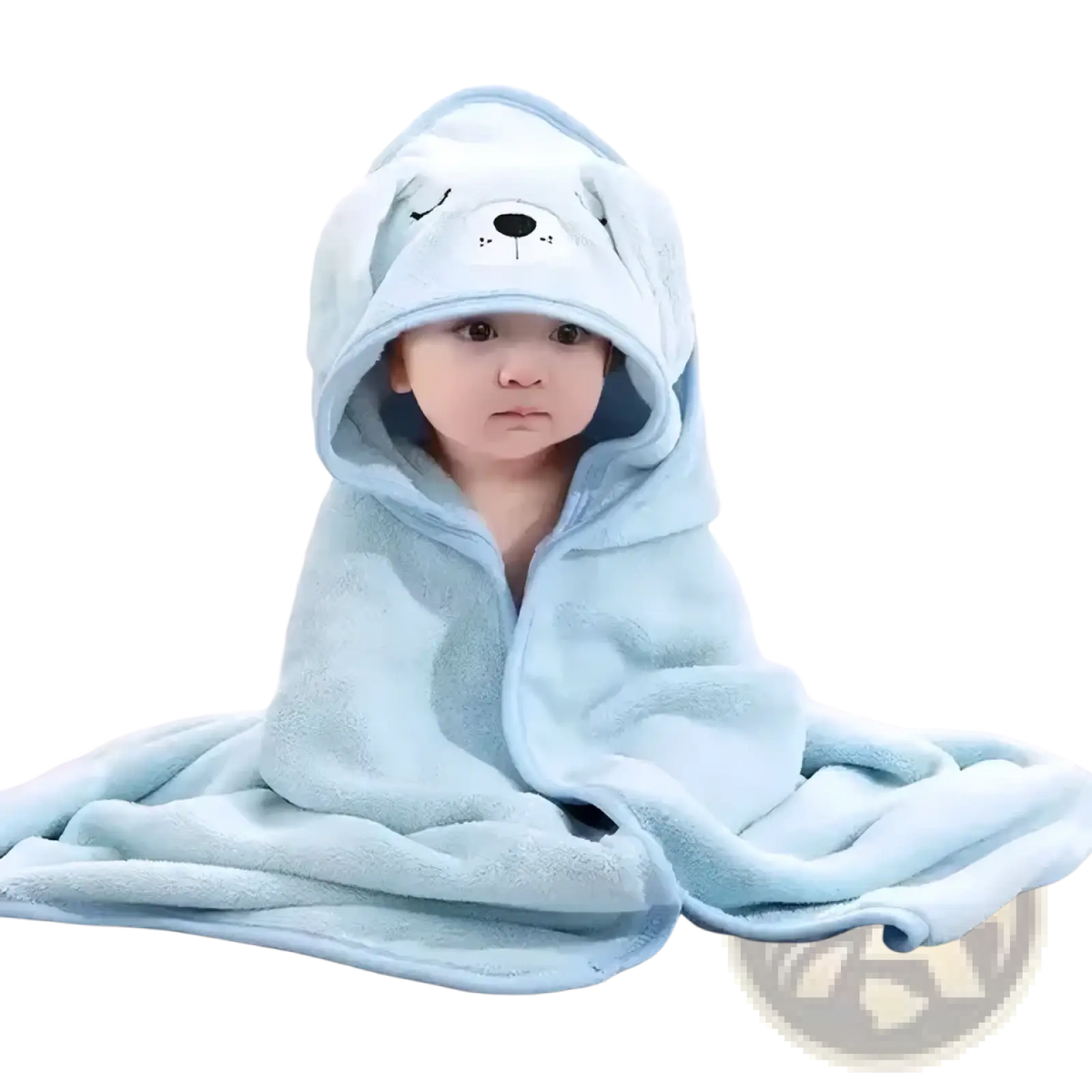 Light blue plush hooded baby bath towel with a cute bear face design made of soft cotton for swaddling
