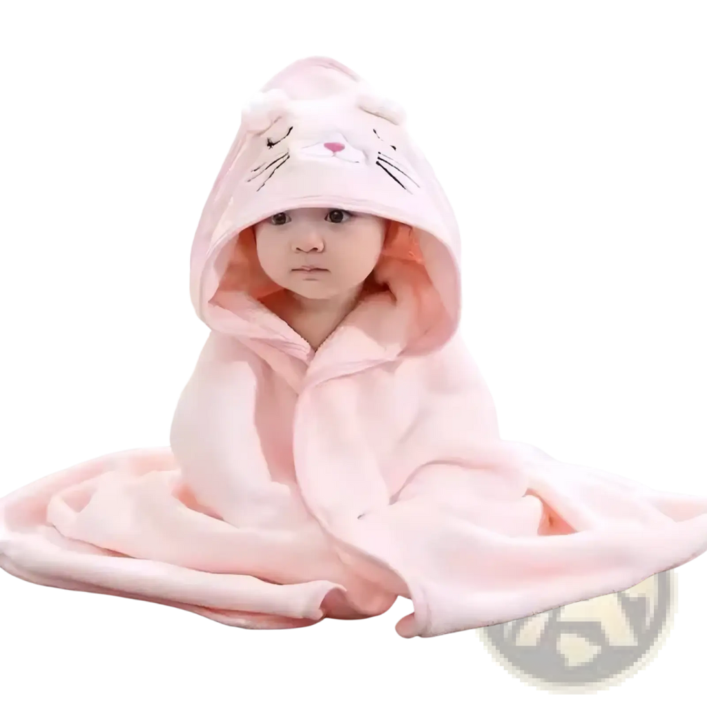 Pink plush cotton hooded baby bath towel with embroidered cat face designed for soft swaddling and drying