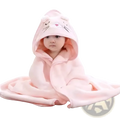 Pink plush cotton hooded baby bath towel with embroidered cat face designed for soft swaddling and drying
