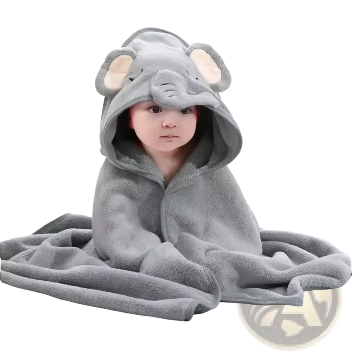 Gray plush elephant-themed hooded baby bath towel made of soft cotton with embroidered ears and trunk details