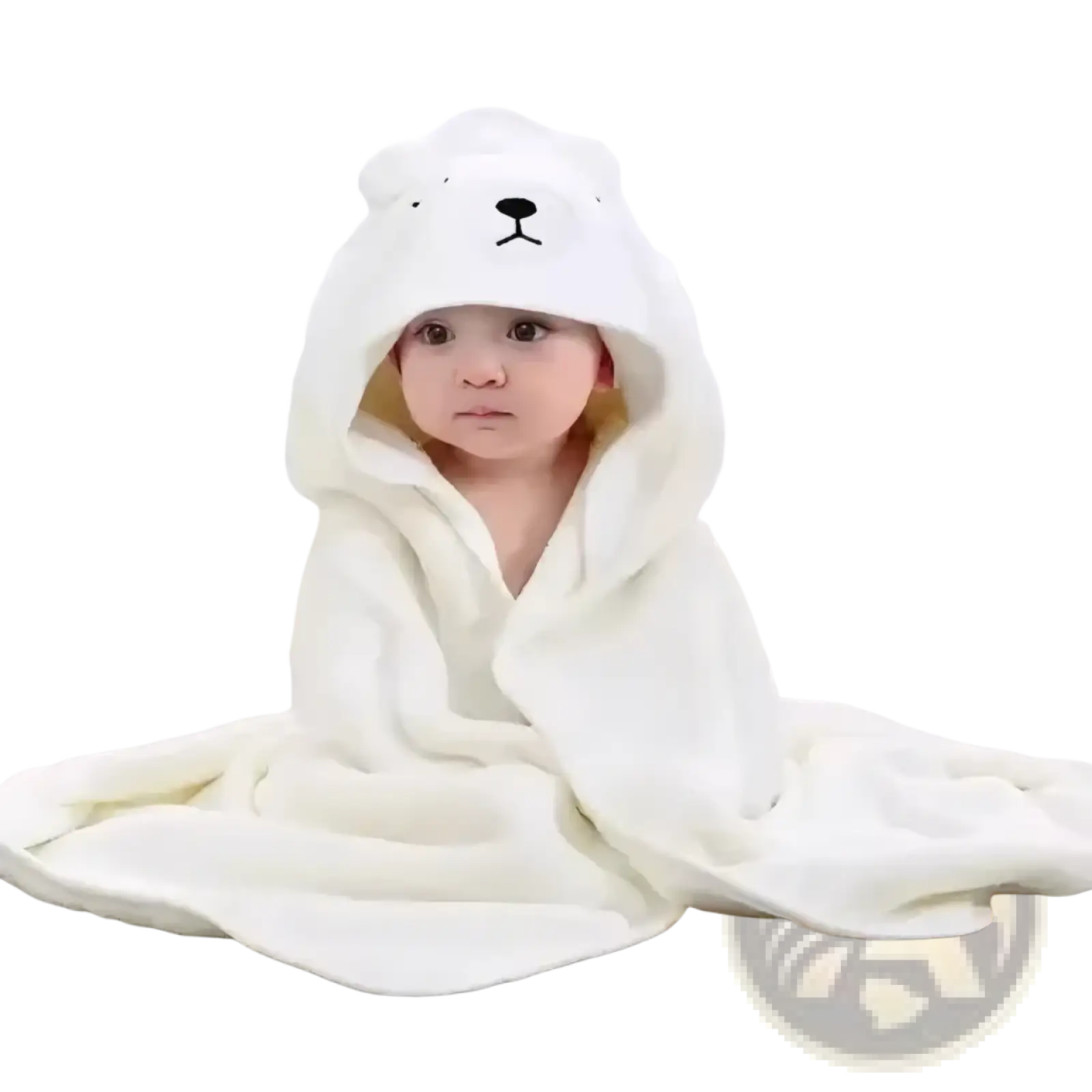 Soft white cotton hooded baby bath towel with bear design plush texture and embroidered facial features for swaddling