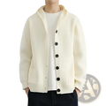Cream-colored ribbed knit hooded cardigan with black buttons ideal for casual wear and comfortable layering