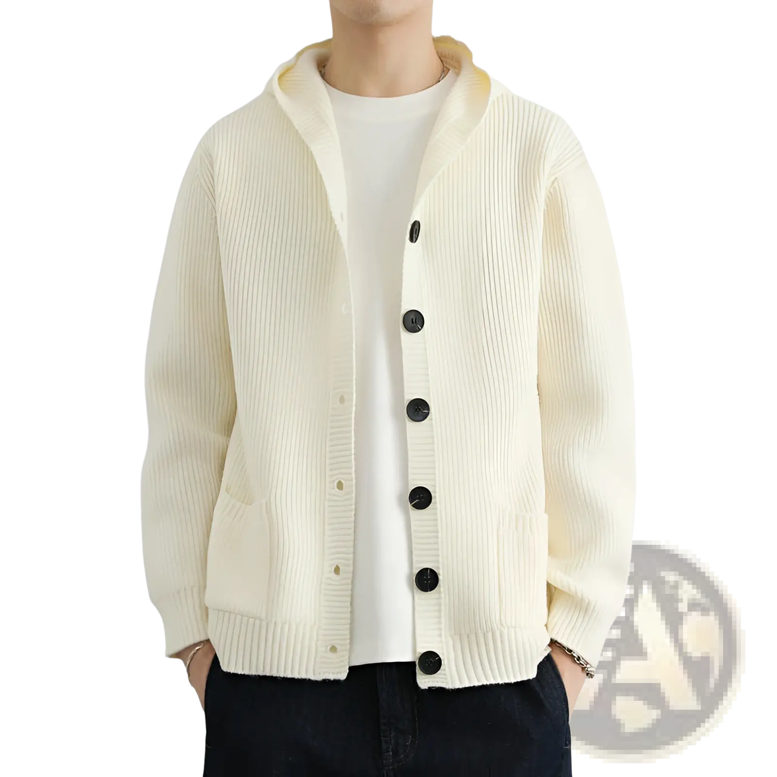 Cream-colored ribbed knit hooded cardigan with black buttons ideal for casual wear and comfortable layering
