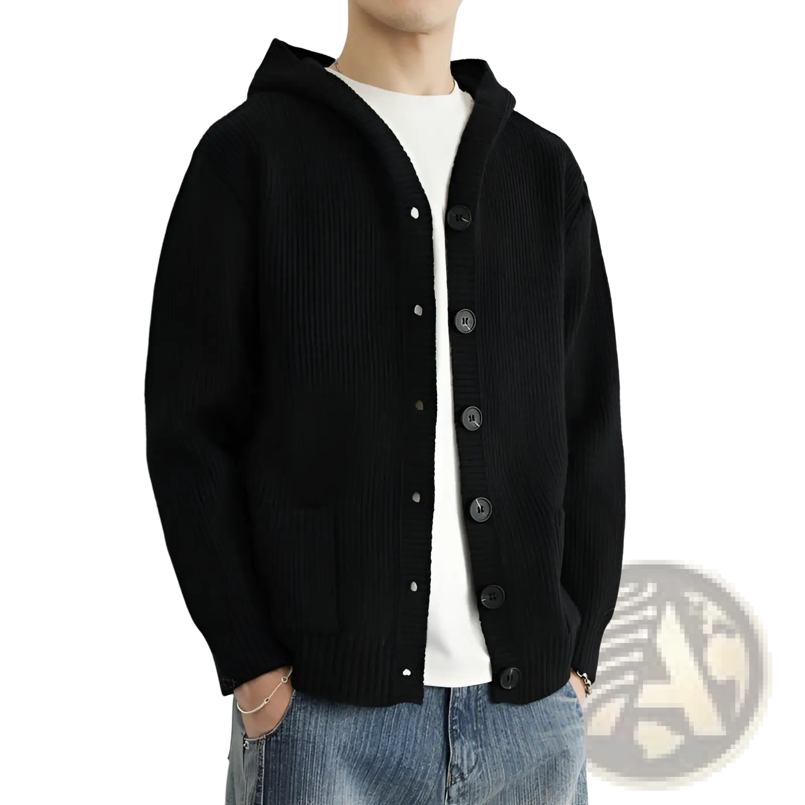 Black ribbed knit hooded cardigan with dark buttons worn over a white t-shirt casual sweater for everyday wear