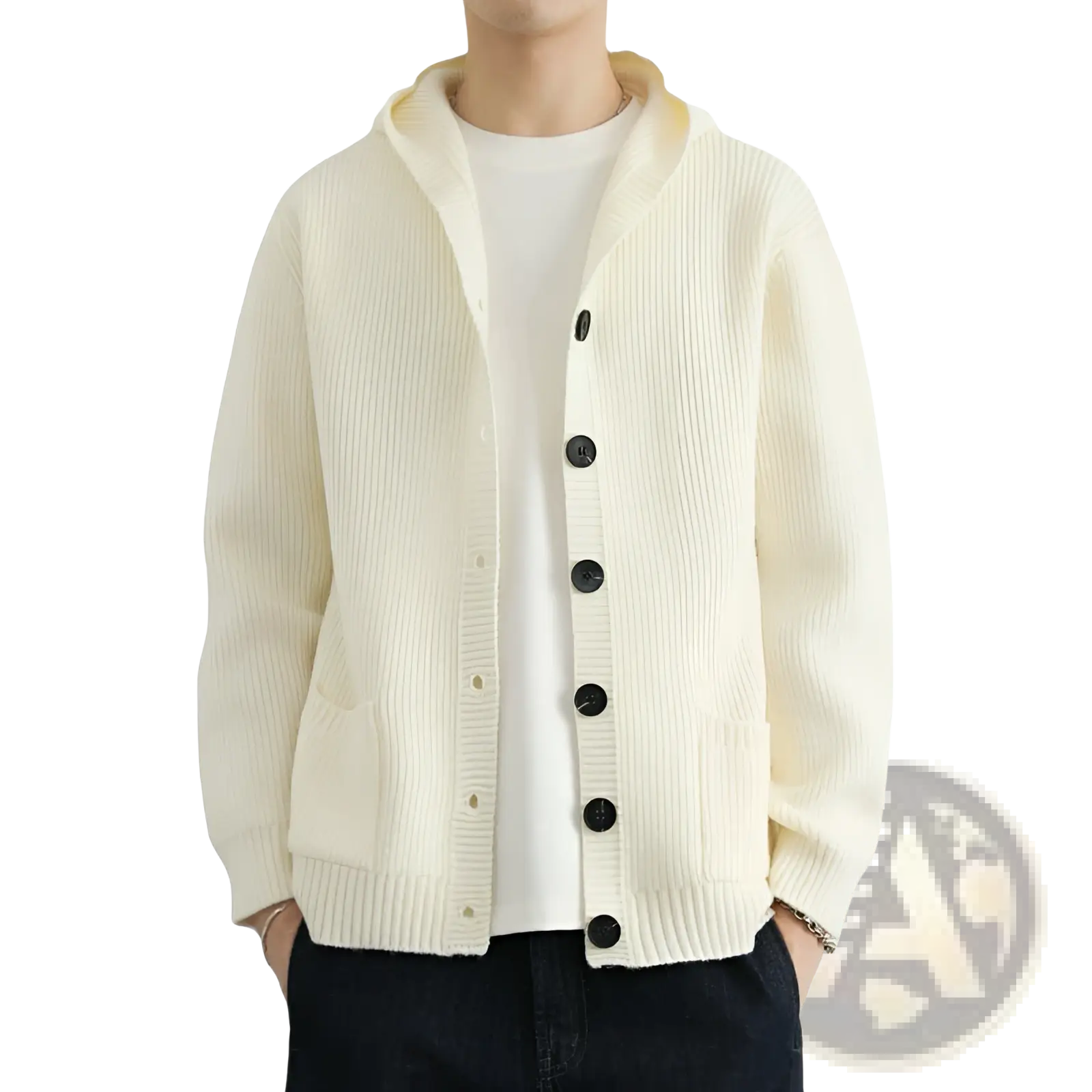 Cream-colored ribbed knit hooded cardigan with black buttons casual sweater perfect for everyday wear