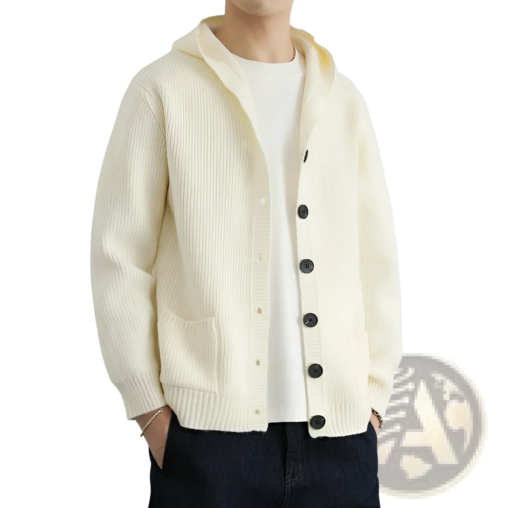 Cream-colored ribbed knit hooded cardigan with black buttons for casual wear in a soft sweater fabric