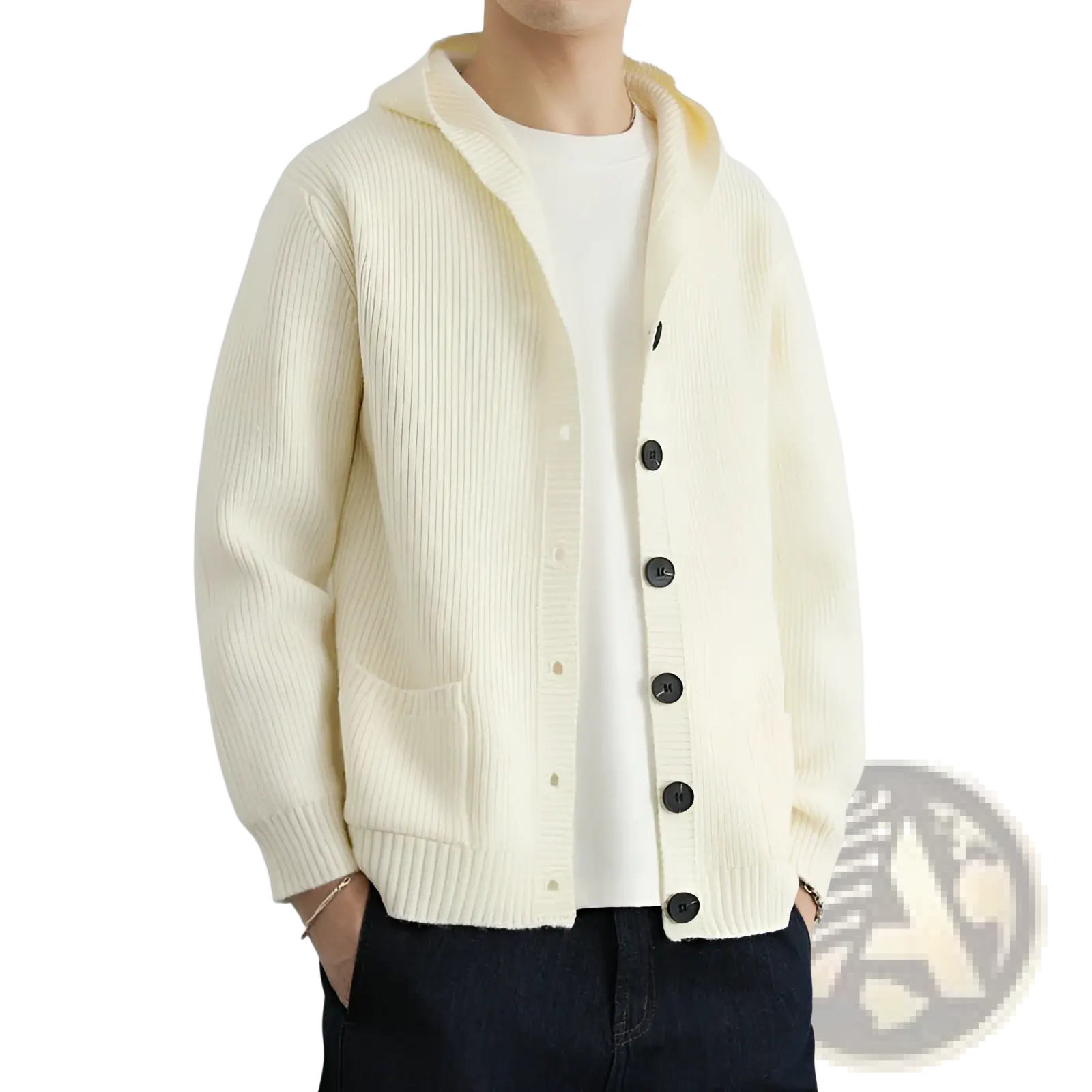 Cream-colored ribbed knit hooded cardigan with black buttons for casual wear in a soft sweater fabric