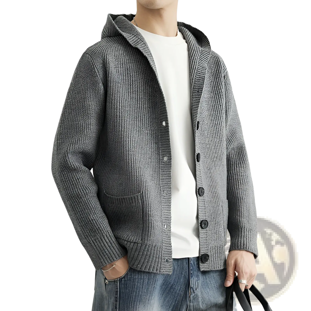Gray ribbed knit hooded cardigan with black buttons and front pockets casual sweater for everyday wear