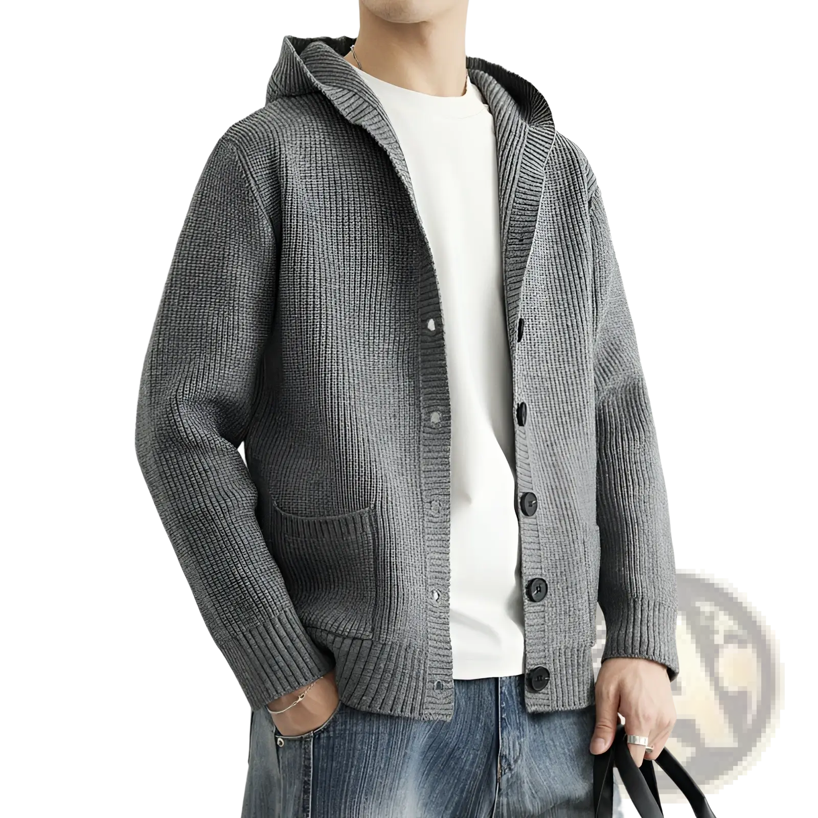 Gray ribbed knit hooded cardigan with black buttons and front pockets casual sweater for everyday wear