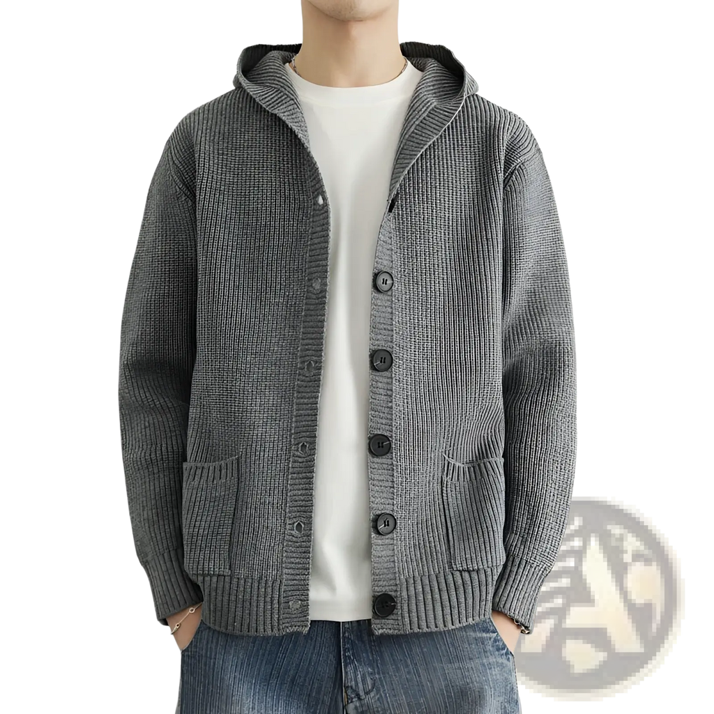 Gray ribbed knit hooded cardigan with black buttons and front pockets casual sweater for everyday wear