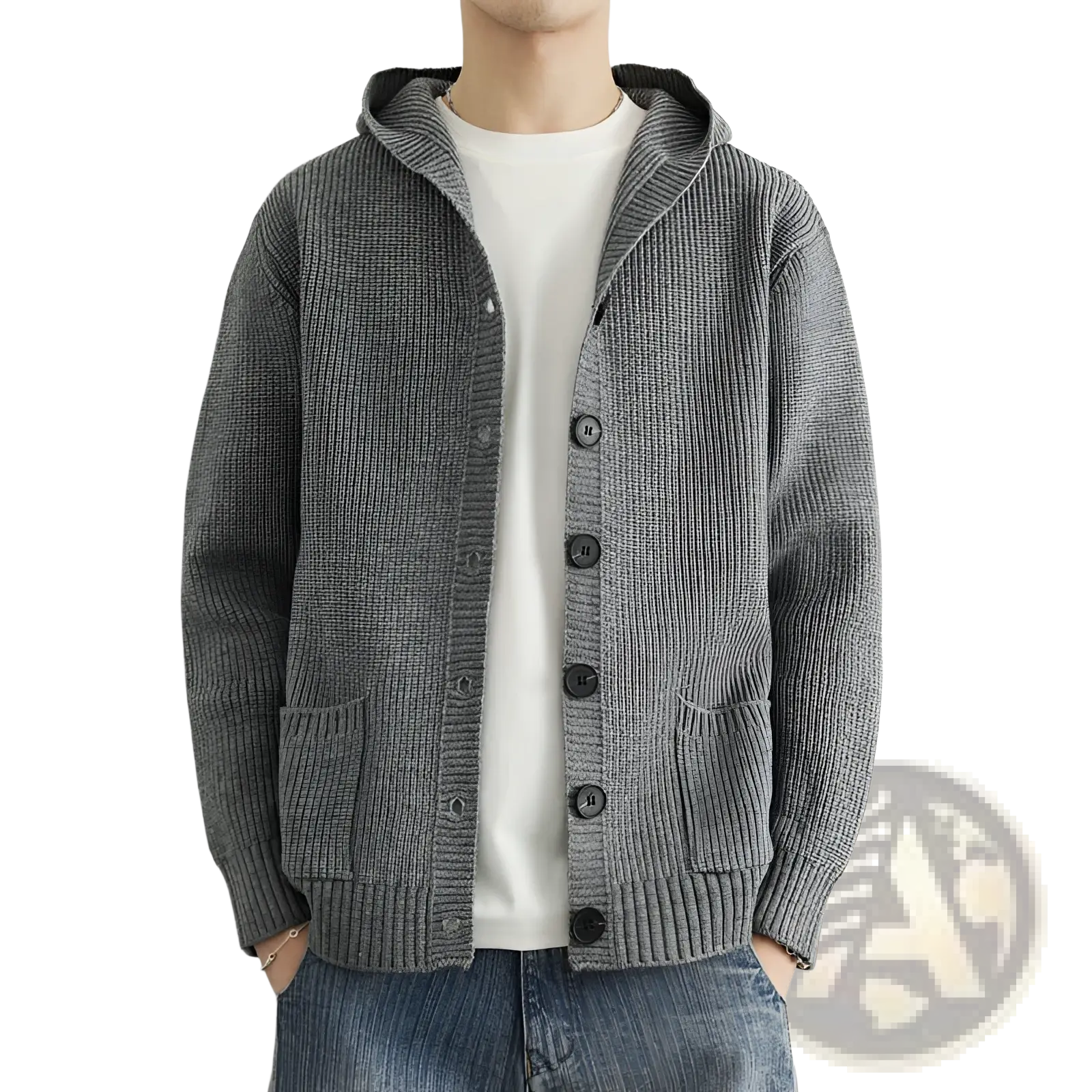 Gray ribbed knit hooded cardigan with black buttons and front pockets casual sweater for everyday wear